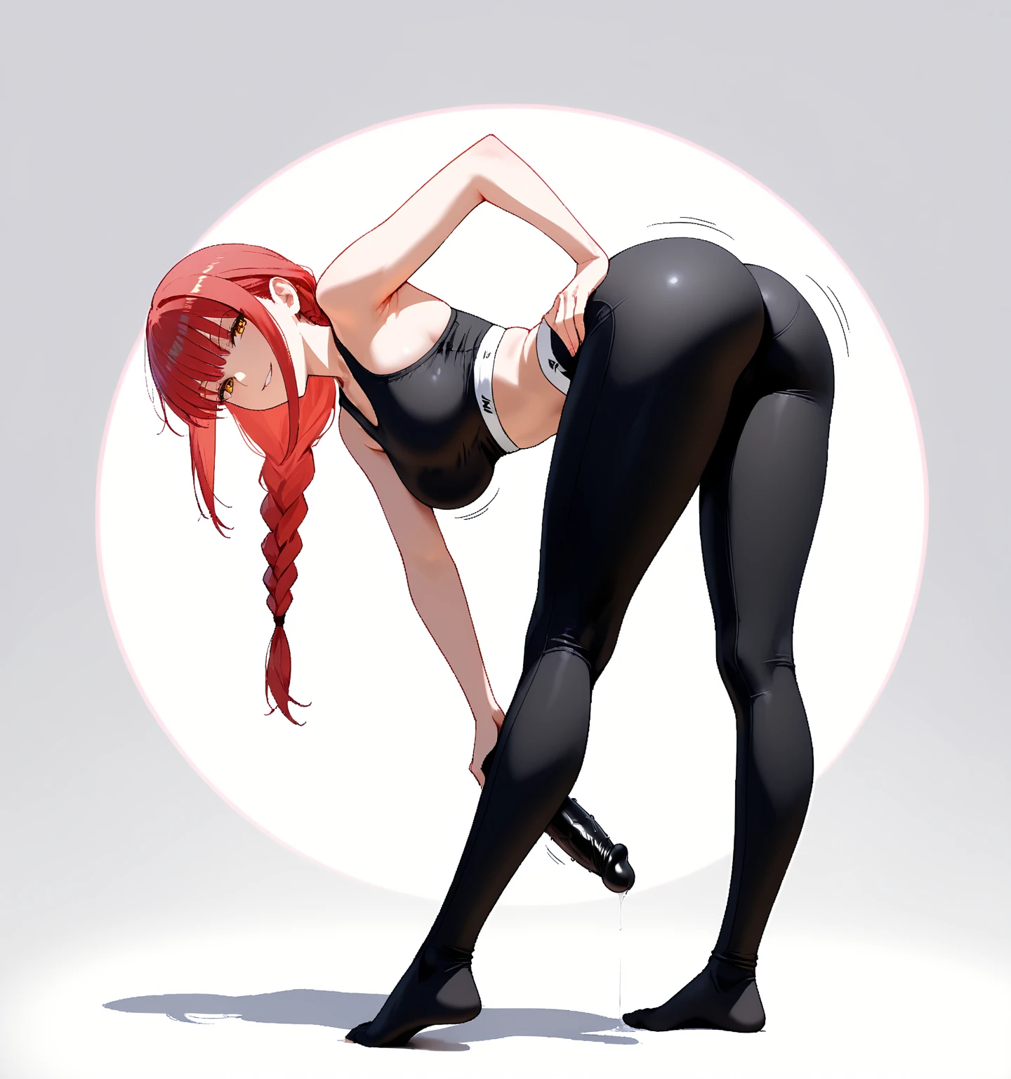 masterpiece, best_quality, 1girl, solo, lycoris challenge, handstand, holding clothes, lycoris recoil, thighs, large breasts,  <lora:lycorisChallengeMemeIts_lycorisChallangeV1:1>