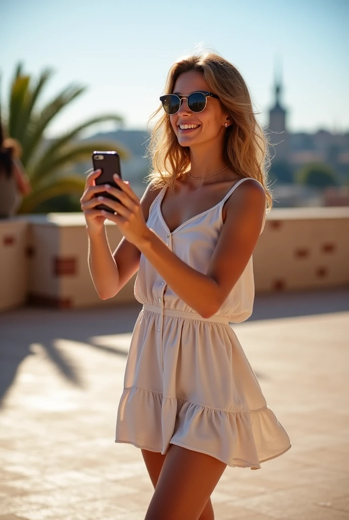 blonde girl, age 25, Grinning,yellow strap dress, stopped very close to a huge bougainvillea. Posing for a selfie with your smartphone.Entrance to an alley in Provence. Bougainvillea in arch decorating entrance. Typical cheese factory.Filtro Foggy. style of photographer David Hamilton.