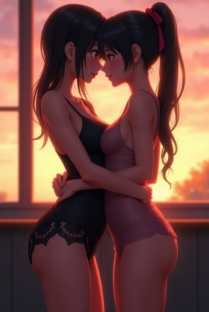 Two adorable girls in cute, short pajamas having a sleepover, skimpy revealing clothing