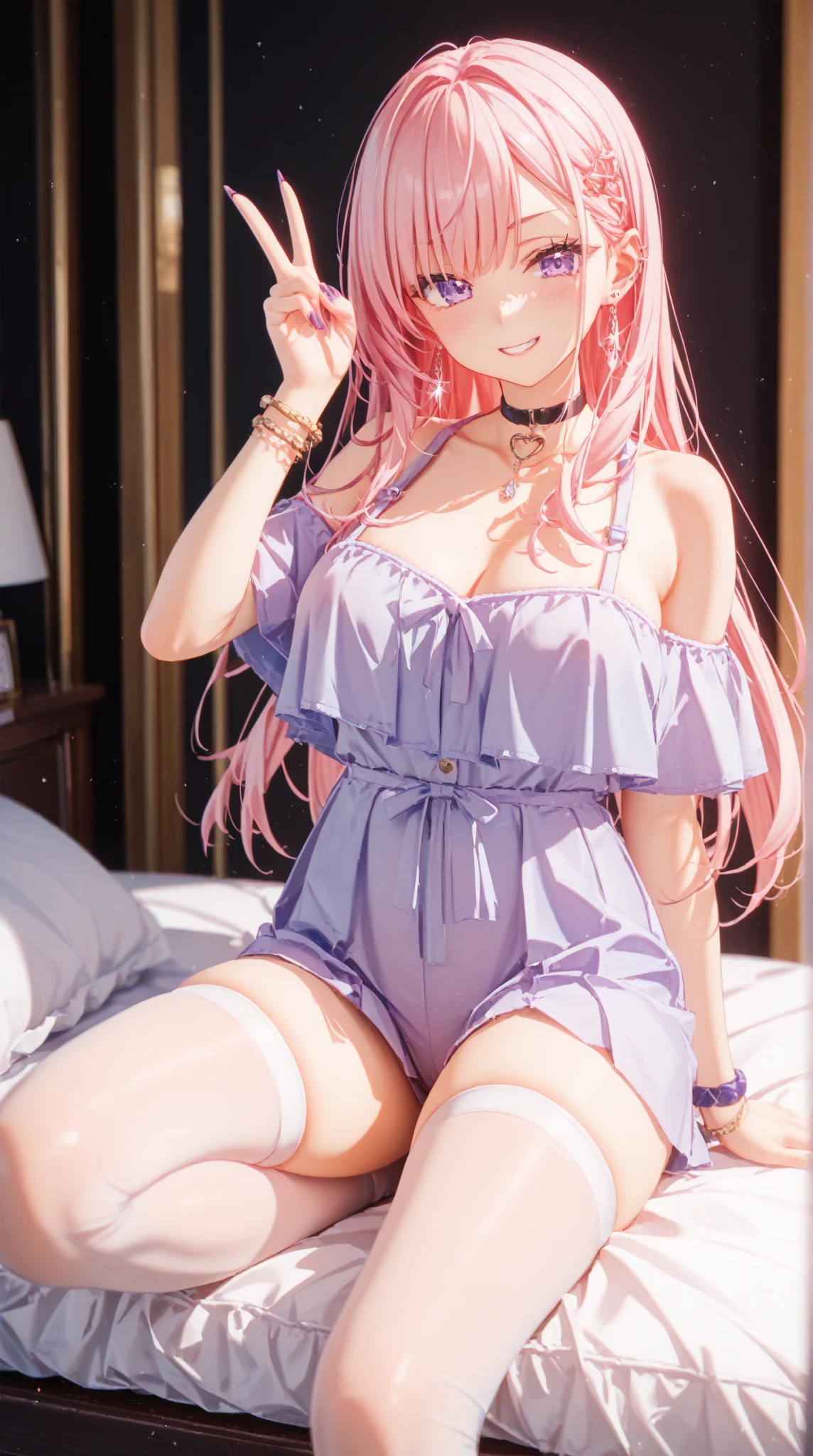 (Browsing Caution), (masterpiece, Highest quality), ((Completely naked)), (((Lie on your back and relax, Genitals are visible))), (((Cute baby face, Cute Sheryl Nome))), (Abandoned slum bedroom, On a dirty mattress), (Small areola, Small nipples), alone, Perfect body, (Anatomically correct, toned and slender body), Very detailed, Symmetrical face and skin texture, Beautiful Blue Eyes, double eyelid, Thin eyebrows, Natural Cheeks, (Sweaty, Wet, White skin), (shiny pink lips: 1.4), (Elegant long wavy blonde hair, Top half pink), (A shy smile), Cowboy Shot, bracelet, necklace, choker, (View of the reservoir and slums)