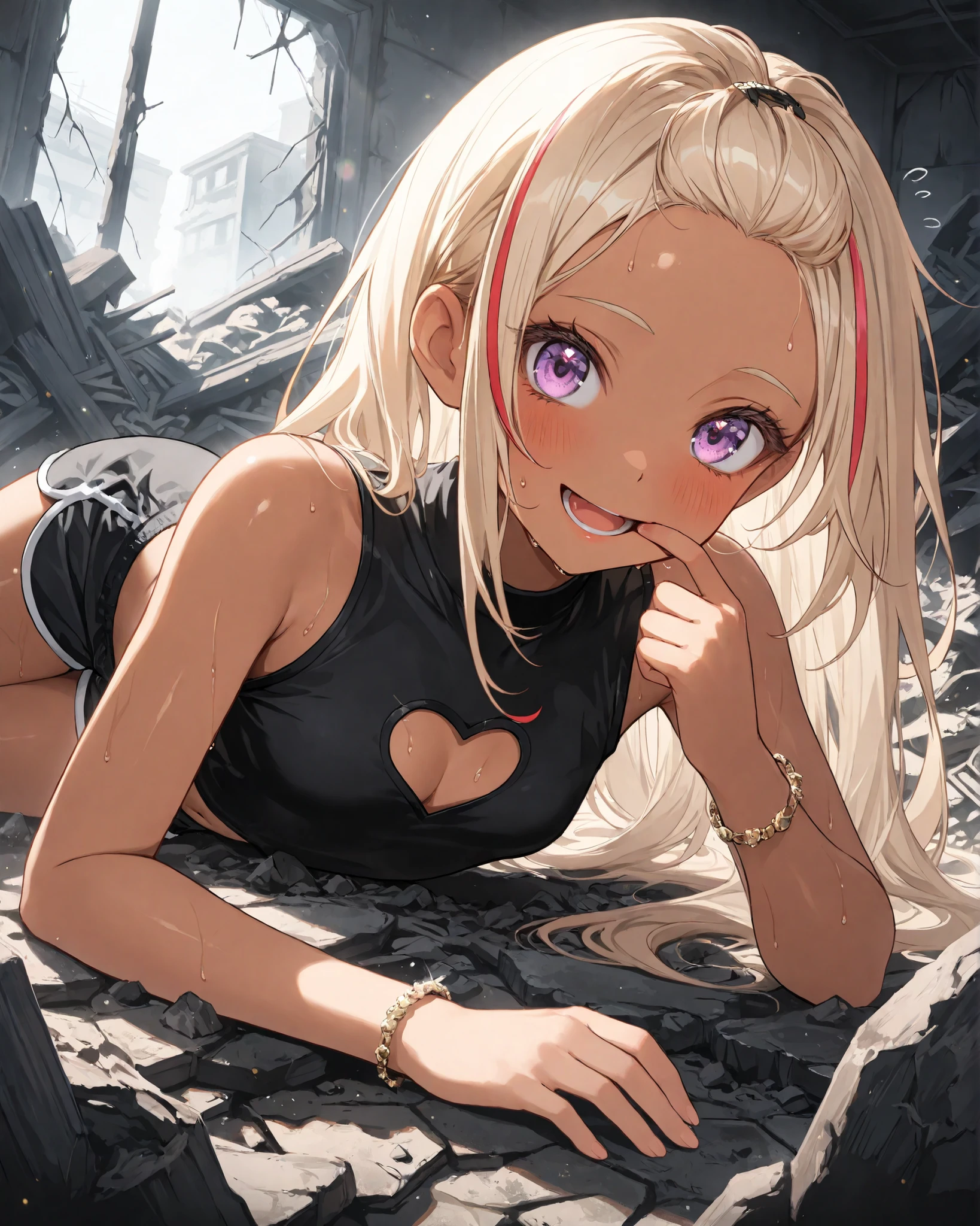 Zombie Girl, ((Masterpiece)), ((best quality)), (Anime:1.4), (super detail:1.2), (High Definition:1.3), (Professional Photography:1.3), (wide shot), (sharp focus), (perfect light), ((12 years old)), 1girl, cinematic lighting, Textured skin, ((Many suture scars)), pale brown hair, messy medium hair, Cute Beautiful teenage girl, (Healthy slim body), (Knit fabric tank top:1.3), (exposed neck), slendar body, small breast, ((two-tone hair)), (loose blunt bangs), (shaggy hair), ((Wearing long sarong skirt)), (long eyelashes), naughty smile, blush, (Purple Unfocused eyes), beautiful collarbones, (slightly exposed cute thigh), Zombie Girl, BREAK, ((best quality)), (super detail), ((pinch the skirt with hand)), (Beautiful colorful flower fields), dancing petals,