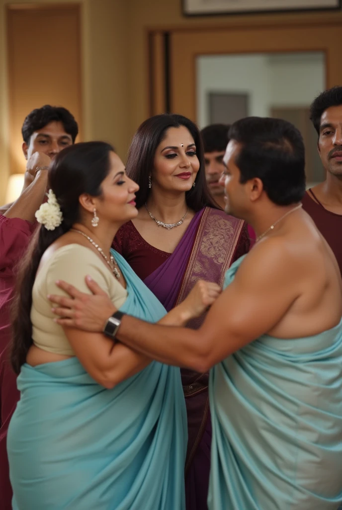 Beautiful and Slim Indian woman Aishwarya Rai in green blouse red saree lifting a large chubby fat man above her shoulders, man is sitting on woman's shoulder, in a bedroom, natural smile, woman is looking into the camera , she is holding his hands, full body image