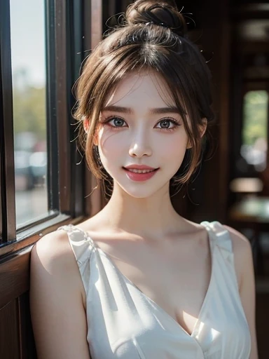 Tabletop, highest quality, shape, Very detailed, finely, High resolution, 8k wallpaper, 完璧なダイナミックな構shape, Beautiful and detailed,ランダムなcute髪,,Natural color lip, Bold sexy pose,smile、20-year-old girl、cute、Looking at the camera,Always blur the background,Perfect and beautiful face,Slim face and figure,Big eyes、Putting on gal makeup,Small face,Shooting from below、smile,Blurred Background,Elegant feminine face、Cyberpunk Fashion、Change pose randomly、Randomly change the shooting angle and position、smile、Top to bottom々Shoot from the right angle and direction、Tight waist、Sex-excited face