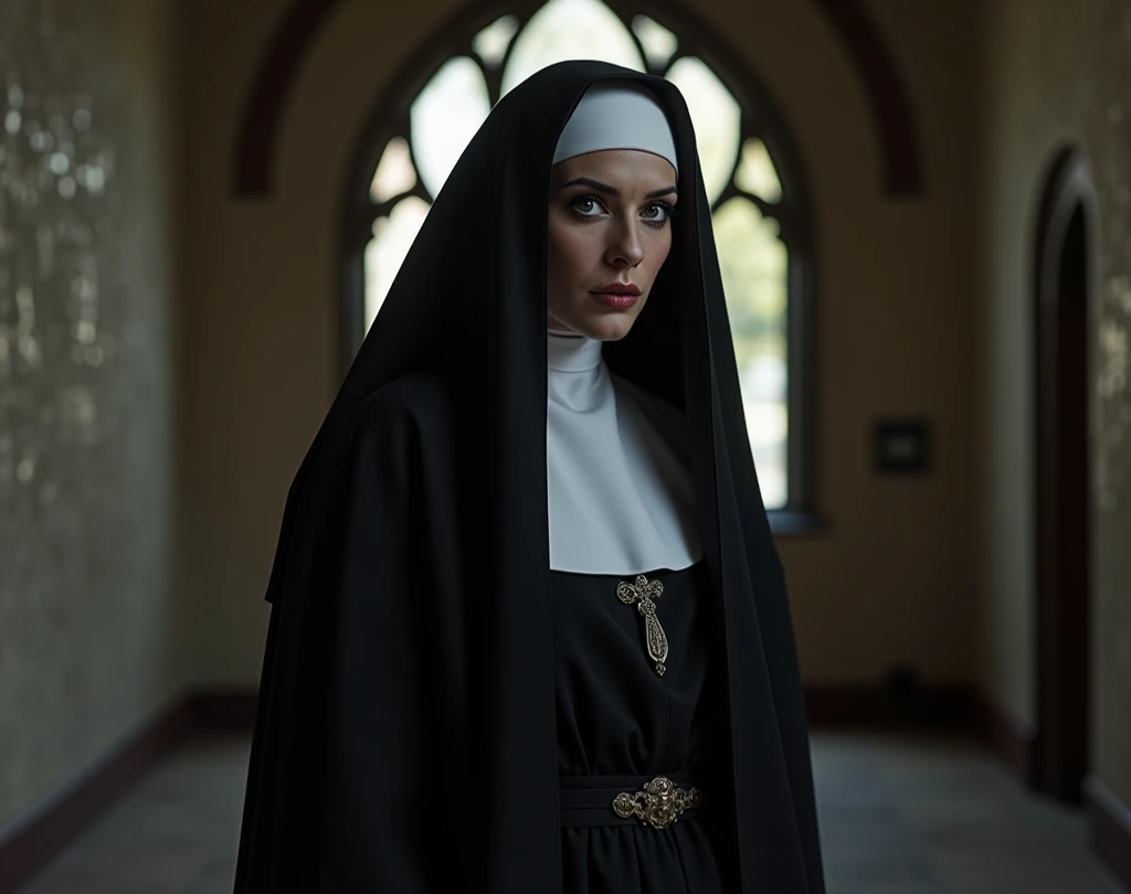 arafed woman in a white dress holding a candle in a dark room, billie eilish as a sad nun, billie eilish as a nun, karol bak of emma watson nun, an evil nun, still from a live action movie, nun, a24, netflix, annasophia robb as joan of arc, the conjuring style