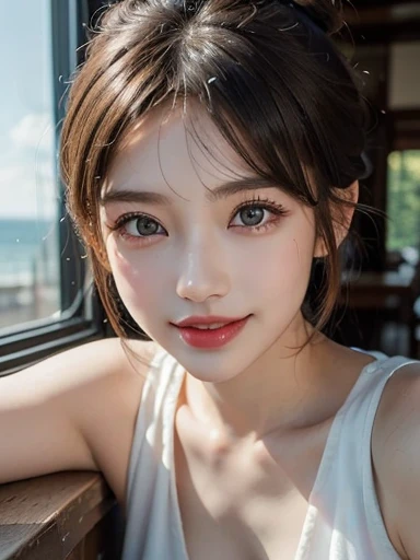 8K,Pieces fly, Highest quality, figure, Very detailed, finely, High resolution, 8k wallpaper, Perfect dynamic composition, Dark and beautiful eyes, Tight clothing, Random Cute Hairstyles, Natural color lip,At the Beach, Random cute poses,Cleavage