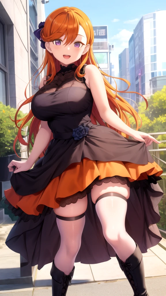 Rias Gremory. Pelo rojo. cabello largo y rizado. gargantilla. small breasts. caderas gigantescas. loli. arco. vestido de novia de flores. Botas hasta el muslo