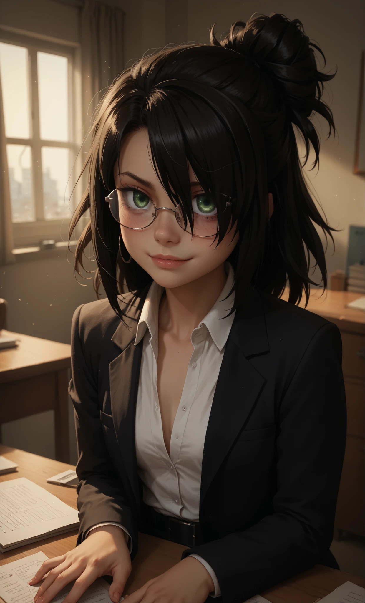 score_9, score_8_up, score_7_up, score_6_up, high resolution, ultradetailed, high detailed picture, solo, look at you, dynamic pose, dynamic angle, smug, nightmare, young girl, detailed face, melancholic expression, dark smoky atmosphere, moody lighting, intricate details, cinematic composition, dark, accurate hands, pale small areola, surreal, digital art, rounded face, big eyes, perfect flat breast, look at you, tomoko kuroki, long hair, black hair, green eyes, hair over one eye, bags under eyes, woman, breasts, xaxaxa 1_style, two side up, hair tie, look at you, beautiful and sexy secretary, wears glasses, make-up rosso, side view, standing with his hands resting on the desk, wears a black miniskirt and a transparent white blouse that is completely open on her small breasts, perfect anatomy