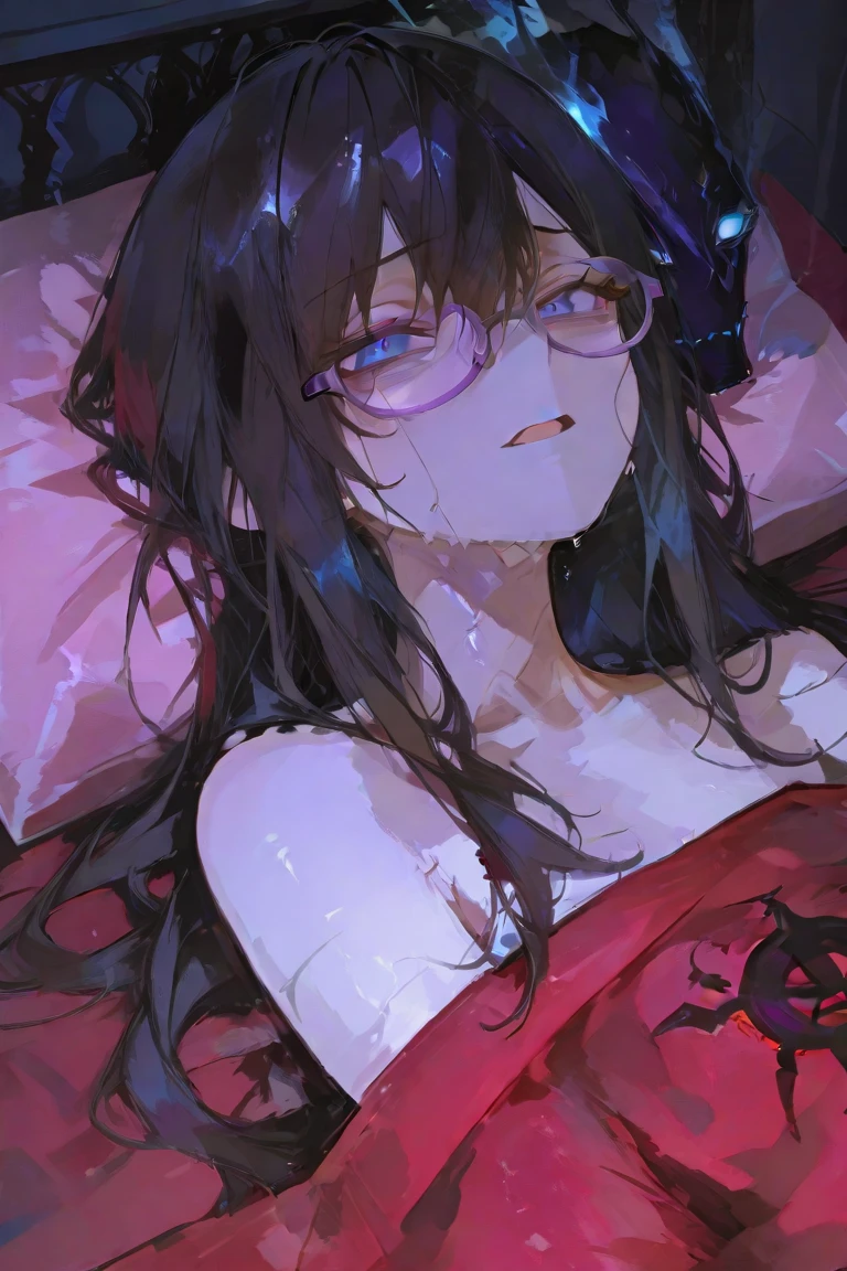 (masterpiece, best quality, ultra-detailed, best shadow), (detailed background,dark fantasy), (beautiful detailed face), high contrast, (best illumination, an extremely delicate and beautiful), ((cinematic light)), colorful, hyper detail, dramatic light, intricate details, (1 girl, solo,black hair, sharp face,low twintails,red eyes, hair between eyes,dynamic angle), blood splatter, swirling black light around the character, depth of field,black light particles,(broken glass),magic circle,