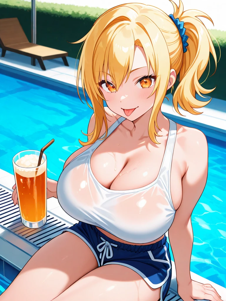 extremely delicate and beautiful, Amazing, finely detail, masterpiece, ultra-detailed, highres,best illustration, best shadow,intricate, high quality, woman, solo, purple long hair, curvy, milf, giant breasts, sexy body, bikini top, (black yoga pants), minimal jewelry, hat, bright green glowing eyes, natural makeup, Alien planet, tropical beach, beach towel, fruit drinks, lotion on chest, beach umbrella, lot of colorful smoke everywhere background, palm trees, cutesexyrobutts