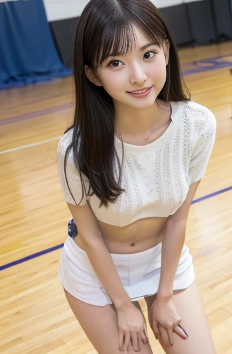 (highest quality, masterpiece, ultra high resolution, photo-realistic:1.4), (portrait, face to face), 1 girl, 20-year-old,Raise your arms and clench your fists, (K-POPアイドルコスチューム), (very short hair),(Fluffy, spread-out hair), (short bangs above the eyebrows,), (look up at the audience), realistic, (Simple solid color background), picture media chest), (smile with visible teeth)