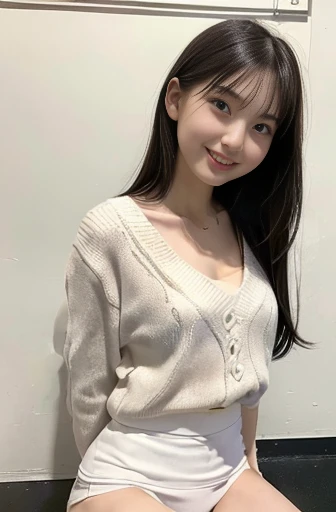 (Highly realistic photos, High resolution, detailed face, fine eyes), ((Taken in front of a white wall))、japanese woman, 40 years old, Variety of facial expressions, alone:1, slim figure, different hairstyles, casual clothes, Only one person appears in the photo、long sleeve dress、Shot in natural light、simple necklace、Spring clothes、Don't look at the camera、profile、Dark brown hair color、bob hair