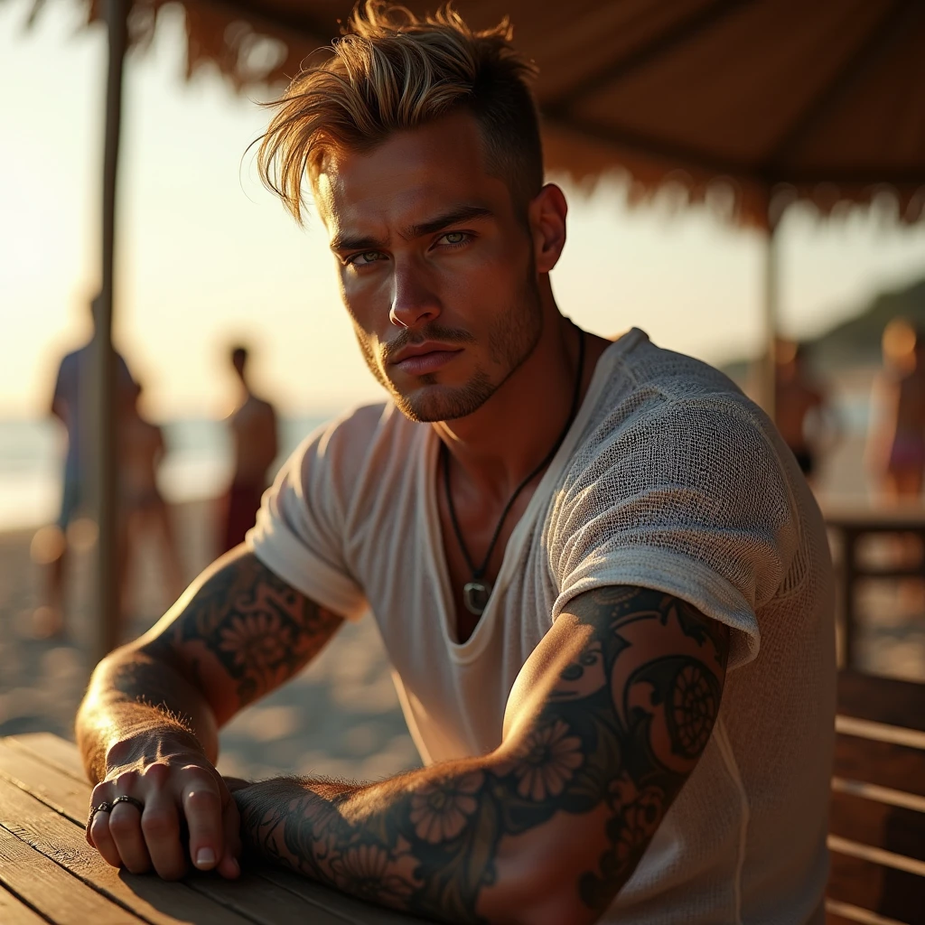 Male. 40's. Ex-military. Tan skin. Light blue eyes. light brown hair, fringe cut. Soft Athletic build. Electricity scar on temple. Dark stubble. Tribal tattoos on shoulders and back. scars. Steel ring eyebrow piercing. 