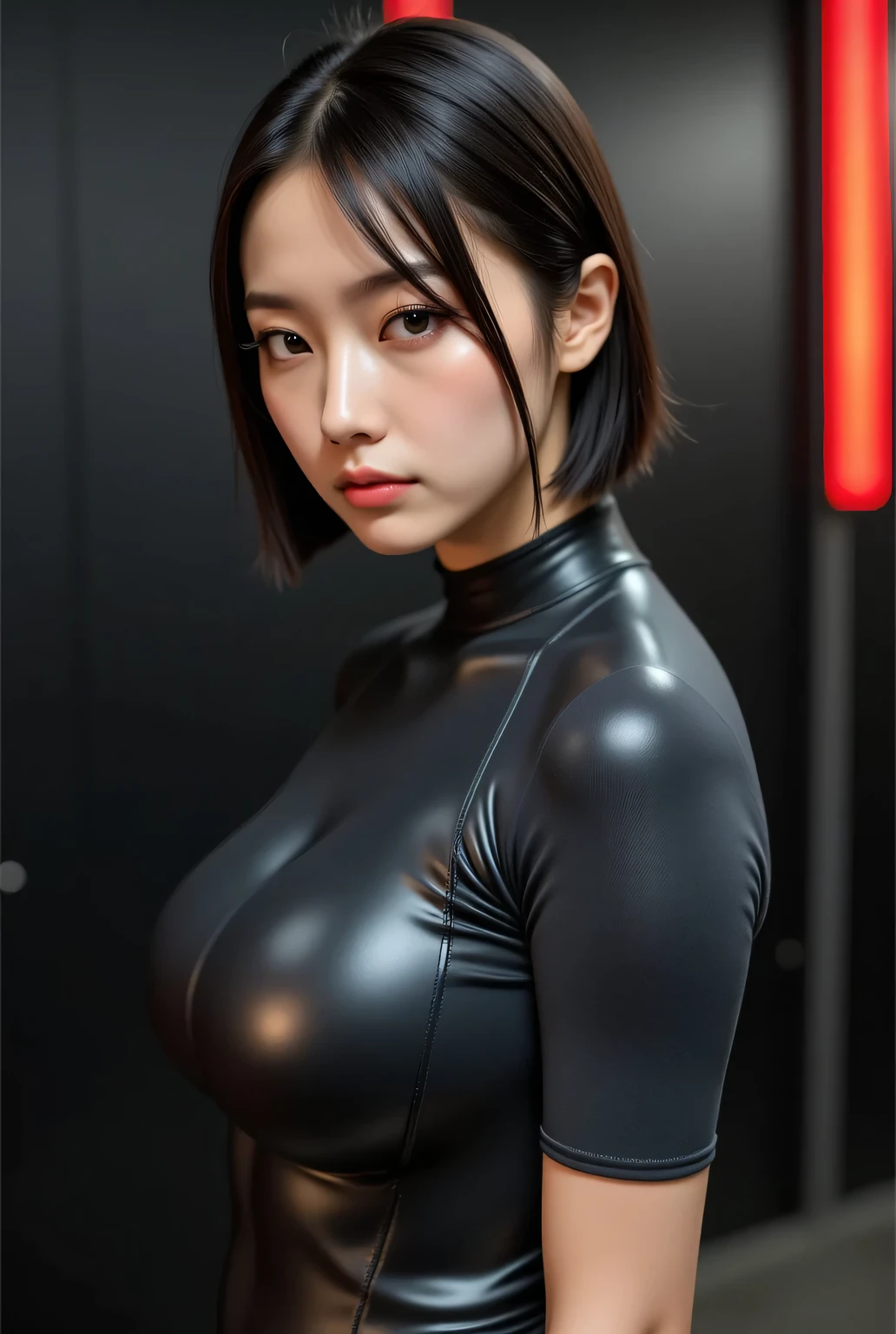 Highest quality, high resolution, masterpiece, colorful to keep.
Super beautiful Japanese woman, looks like a intimidating dominatrix, closed mouth, condescending gaze, staring at the viewer, makeup, long false eyelashes, eyeshadows, eyeliners, very short blunt hair, big breasts.
Her breasts are large even under the pressure of a wetsuit.
Bath room, black wall, orange neon tube.