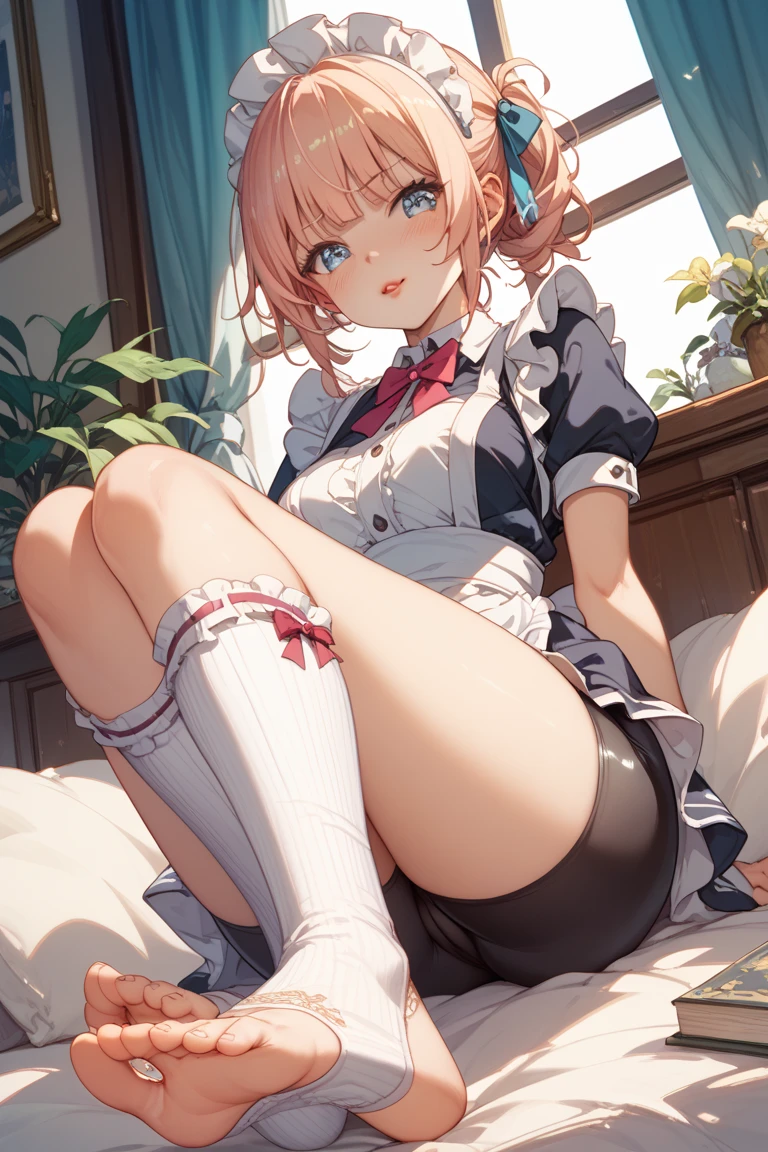 highest quality, masterpiece, detailed, nsfw, 1 girl, (((vagina))),((flat breast)), lie on back, 2 legs up high, nipples, from above, bare foot, garden, Sofa, ((spread legs)), pussy juice, knees away, hold knee, pinch own nipples, put the soles of the feet forward, choker, anklet, earring, bracelet, Ribbon, garter straps, garter belt, school uniforms, nishikigi chisato, bob cut, hair ribbon, lycoris uniform, two-tone dress, red dress, grey dress, neck ribbon, long sleeves, orgasm,