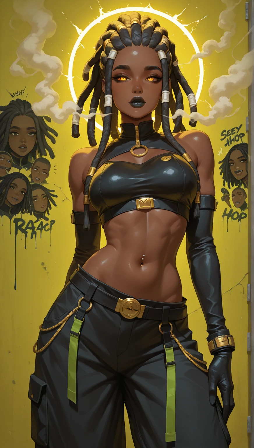 rear view, backside view,(Mejor calidad, 4k, obra maestra: 1.3), pretty ebony woman, hiperrealista, 1girl, ( masivos, cuerpo atractivo: 1.35), abdominales: 1.15, (extreme neon rainbow hair), (negro lo rizado afro:1.4), (wet rainy, mojado por la lluvia, cuerpo mojado: 1.2), cara ultra detallada, piel ultra detallada, labios detallados, detallados (brillantes (heterochromia, ojo de miel izquierdo, ojo verde derecho: 1.35)), 二重まぶた, vestido sensual de cuello bajo, escote abierto,(post apocalyptic colors:1.4),  pechos colg pose lateral, curvas visibles, pista de fiesta, pista de baile, party couch, trannt golden tunic gold, sorprendido,manos detailed,More detailed 8K.motor irreal:1.4,UHD,La mejor calidad:1.4, fotorrealista:1.4, textura de la piel:1.4, obra maestra:1.8,obra-prima, mejor calidad,objeto Objeto], (detailed face features:1.3),(ciudad apocalyptic destroyed color:1.4)