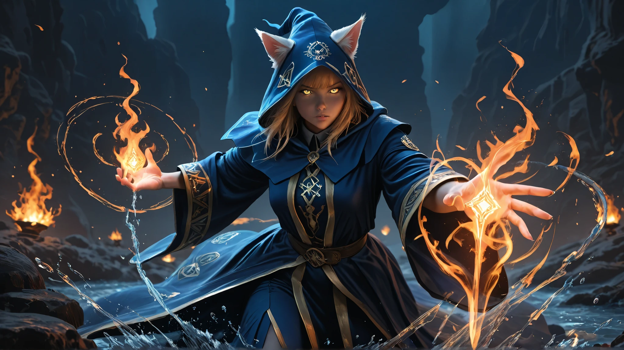 a magical anthropomorphic cat in a flowing deep blue mage robe with glowing runes, fiery golden eyes, performing a water and fire spell, dynamic action pose, swirling energy, arcane symbols, fantasy setting, sharp lighting, vibrant colors, digital painting style, by Loish and WLOP --v 5 --ar 2:3
