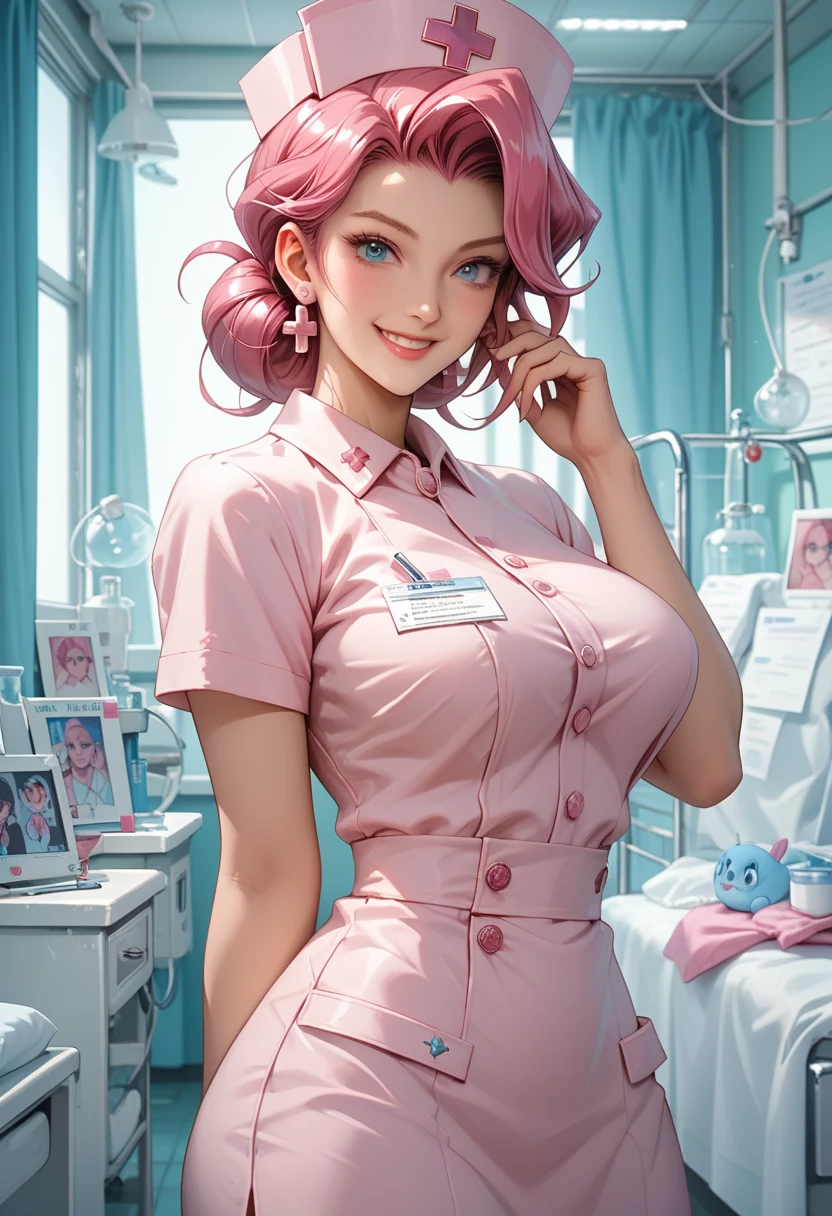 hospital, nurse, receive an injection, Blur the background,smile,Big Breasts,Glitter effect,Highest quality, 8K, High resolution, masterpiece:1.2, Very detailed, Realistic:1.37, High resolution, 超High resolution, Ultra-fine painting, Very detailed, Professional, Vibrant colors