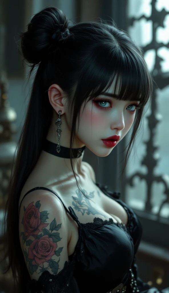 a drawing of a girl with black hair holding a red heart, gothic deer, cara emo fofo, emo, estilo emo, It's Junji's style, garota emo anime, heartbroken, Sebastian Michaelis, muito triste, deviant art, uma garota emo, Horror lovecratftian, arte negra, art It's Junji's style, desgosto