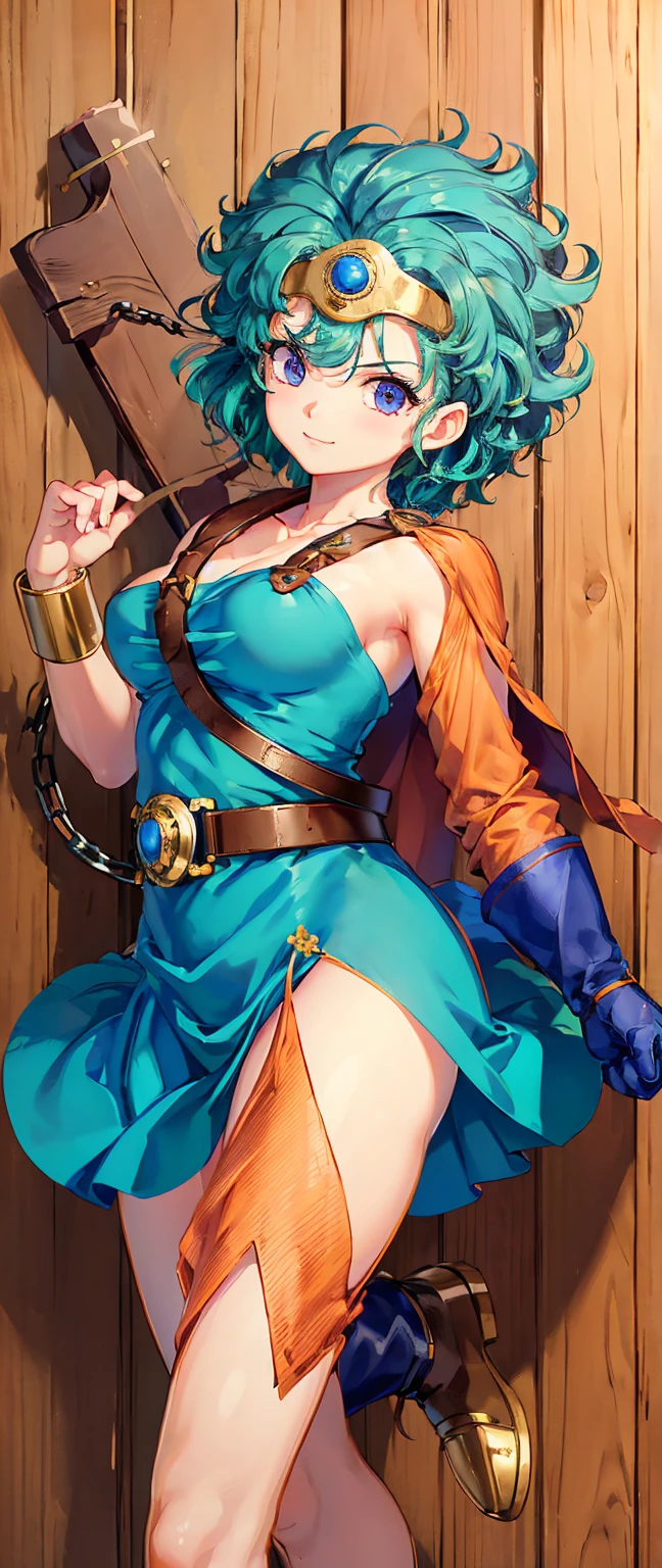（（（ＳＦＷ、sound、Highest quality、Top notch work、Normal body、、Detailed face、Ultra-precision、Normal hand、のrefer、５refer、Highest）））、beautiful girl、Green Hair、yamato nadeshiko、Small breasts、Shortcuts、Blue leotard、Muscular、Red Cape、Circlet、Dragon Quest、Female Heroes、 Fight、Fight準備完了、Sweep with a sword、Please put your hands together in front of you.、((Executed perfectly:Frame yourself from head to toe,Standing posture,Draws in great detail、There is no anatomical problem))、Seaside