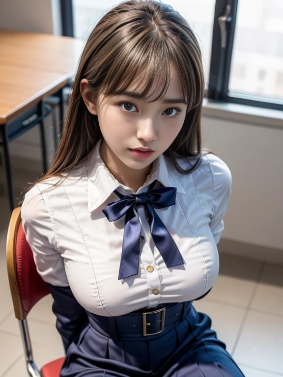 russian, full body, (8k, best quality, masterpiece, realistic), (photorealistic:1.29), ultra-detailed, 1girl, huge breasts, sailor school uniform, white lingeries, in the classroom, [smile], (closed mouth), deep blue eyes, grey hair, forehead,from behind,