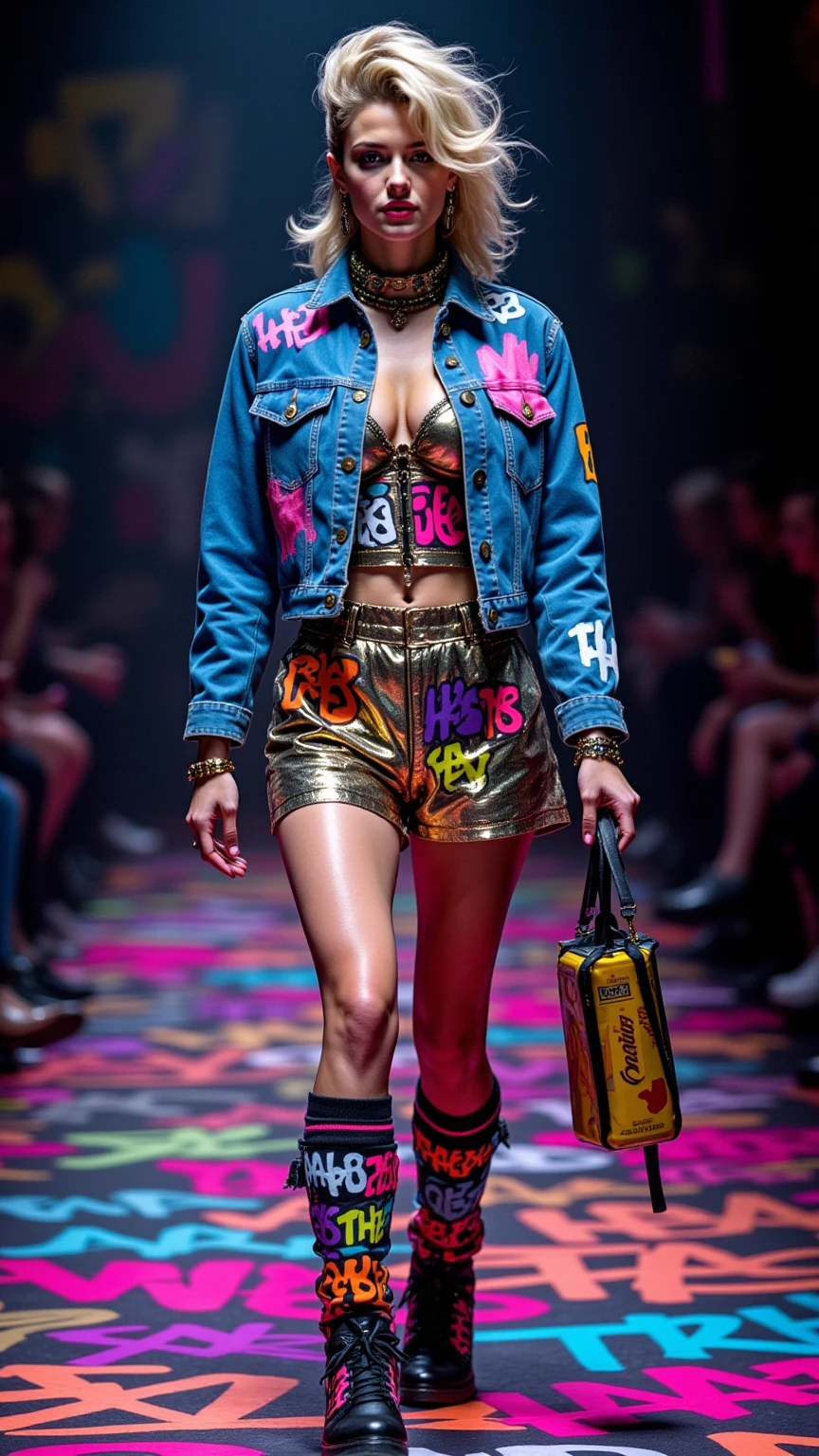 large bosom tattoed blonde woman (hair in red and blue pigtails) wearing only a 'black tape project' costume made of yellow police tape.. very pale face, red lips. in a new york fashion show catwalk