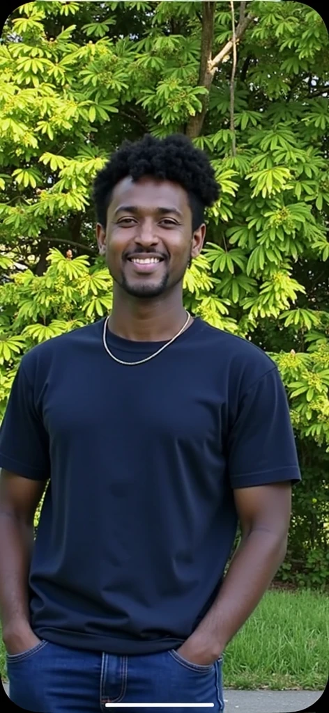 ((perfect photograph)), ((realistic)), ((8k)), (perfect face), gorgeous black man with afro, wearing a straight long black short sleeve t-shirt and dark jeans, walking towards camera, outdoors, lots of light, smiling, some plants, big tree far in the background