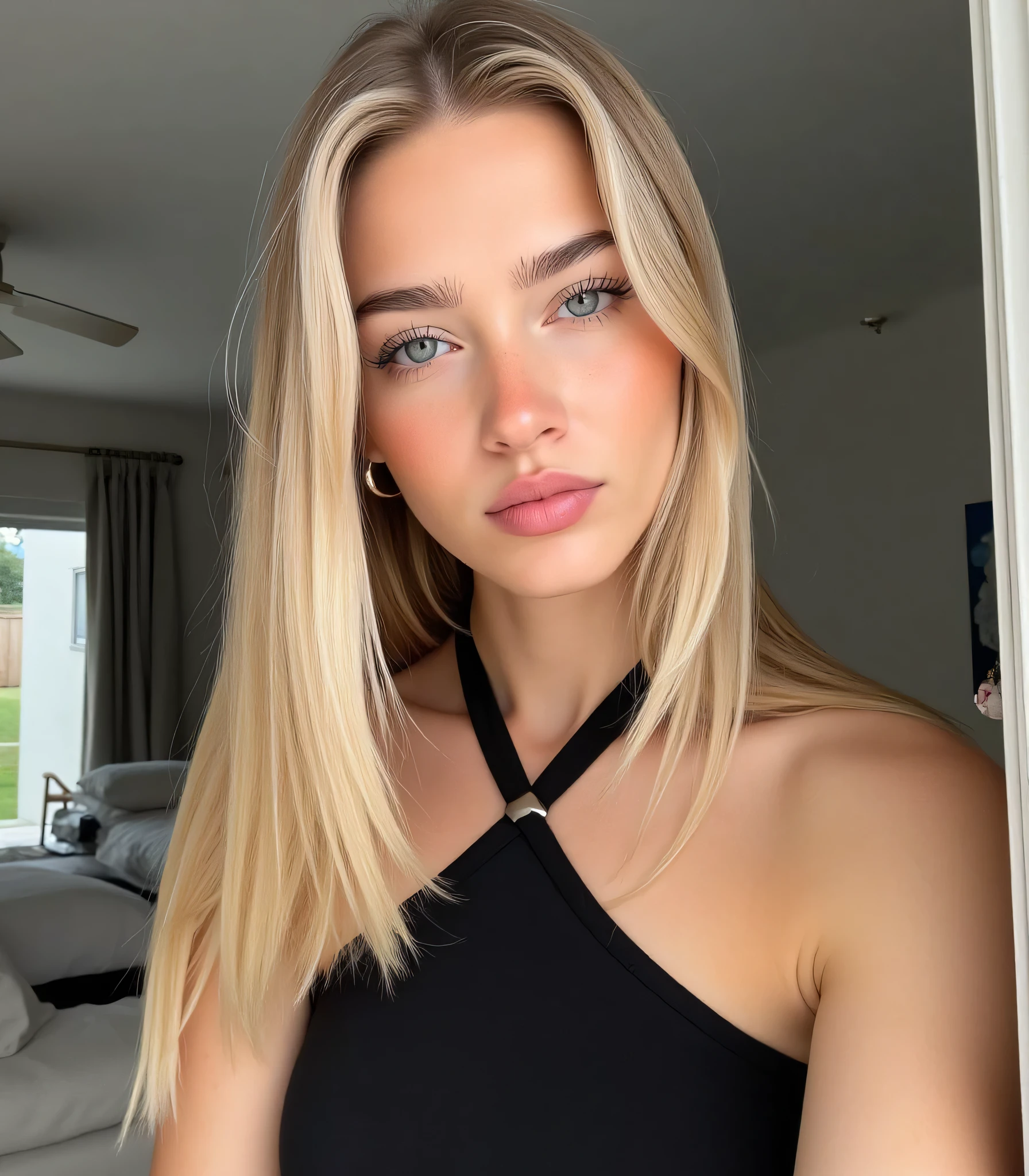 stunn1ng, bl0ndes, stunn1ng bl0ndes, bl0nde, a woman with long blonde hair and blue eyes wearing a black dress, 21 years old, Caucasian woman, sky blue eyes, soft pink lips, medium thick eyebrows with medium arch, pointy button nose, cut look, seductive look
