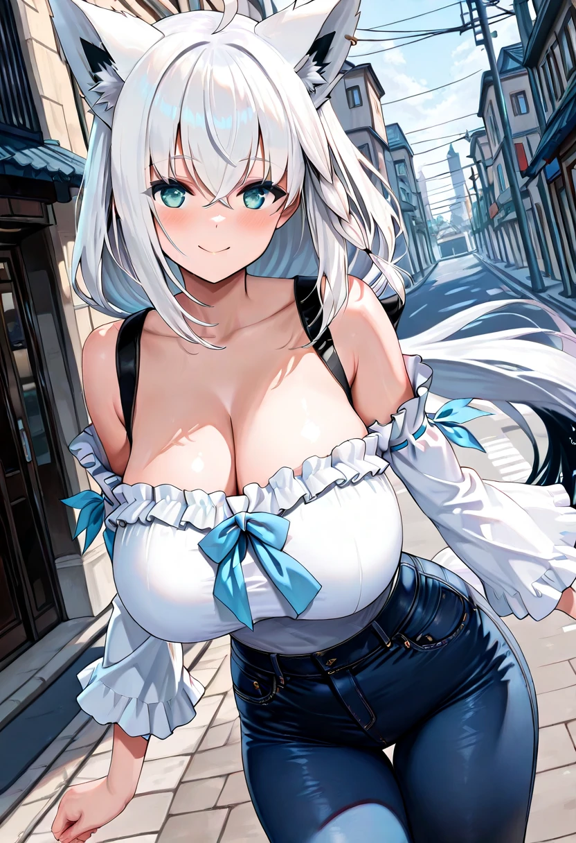 ​masterpiece、high-level image quality、photographrealistic、Longhaire、Big Breast、Large breasts、I can see the cleavage、Brown eyes、shiny silver hair、sexy smiling、Painting from the front、The wind is blowing、Clothing of the wise man、magic circles、sacred place