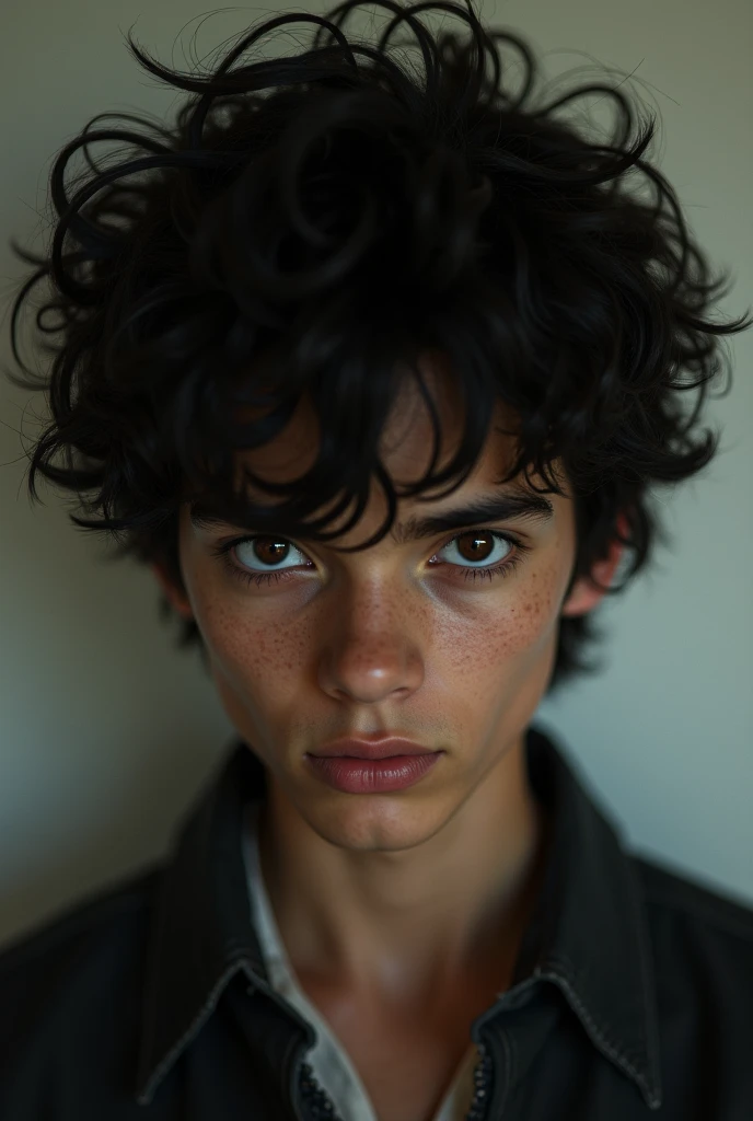 handsome 28 year old guy with curly black hair and small lips, long nose, gold eyes, scar on cheek, bad boy look, muscular