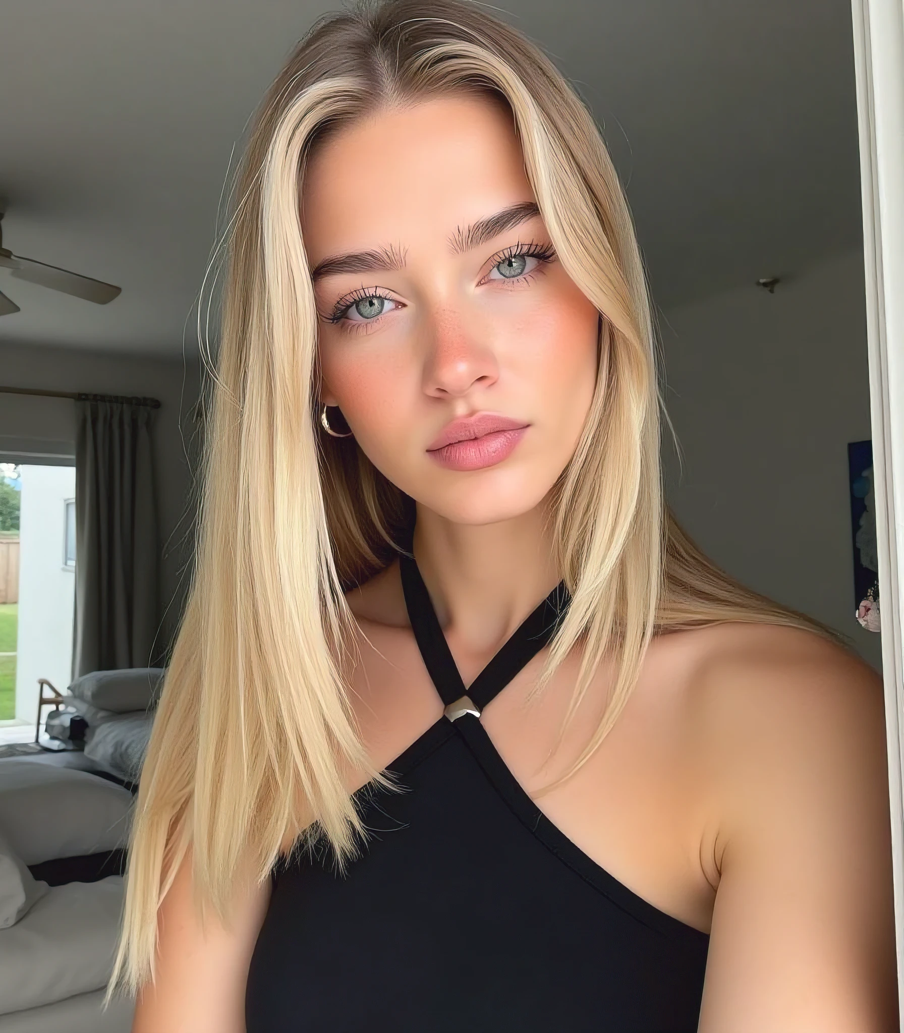 stunn1ng, bl0ndes, stunn1ng bl0ndes, bl0nde, a woman with long blonde hair and blue eyes wearing a black dress, 21 years old, Caucasian woman, sky blue eyes, soft pink lips, medium thick eyebrows with medium arch, pointy button nose, cut look, seductive look