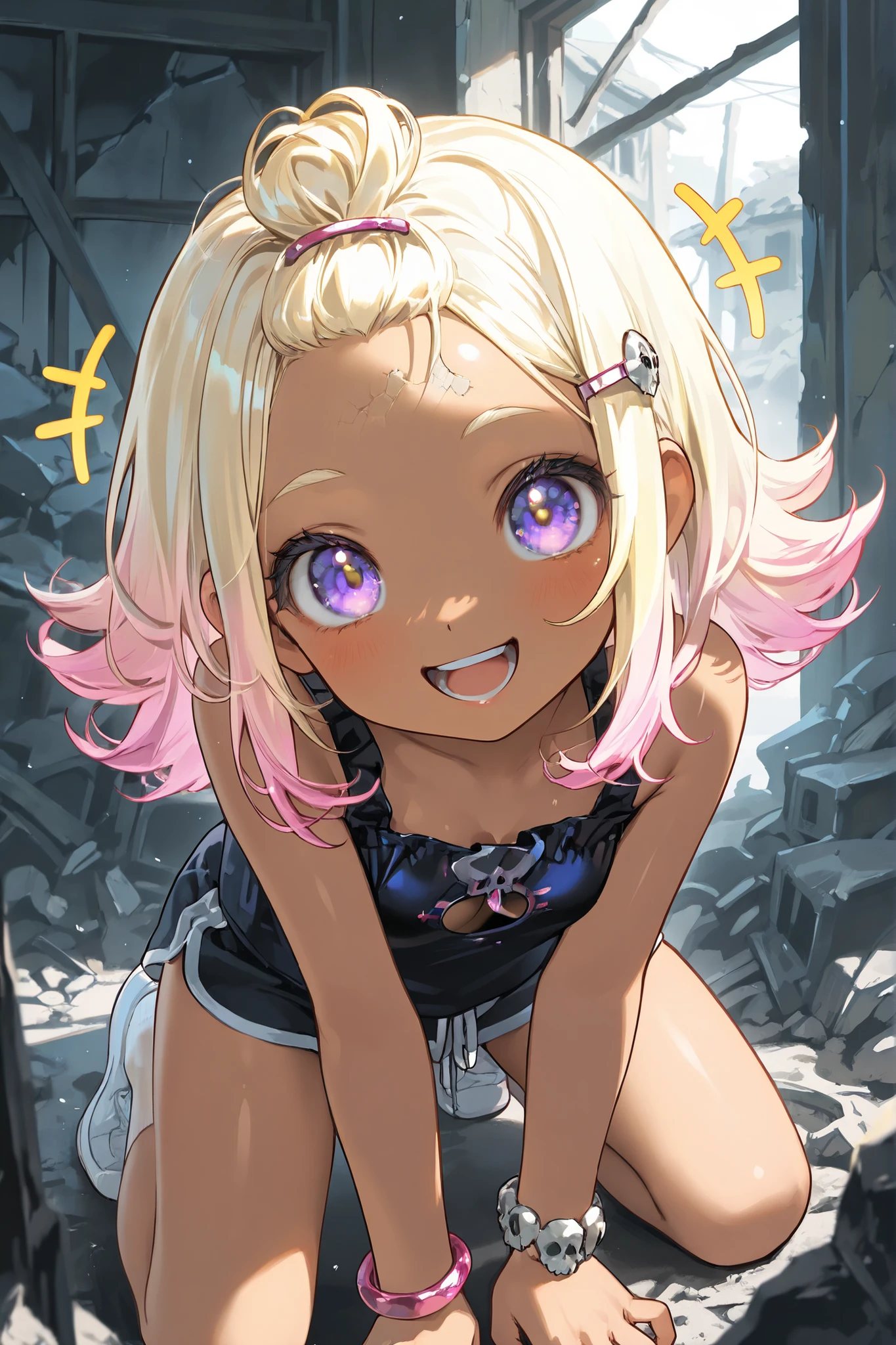 ((Masterpiece)), ((best quality, very aesthetic, absurdres, newest)), (wide shot), (8K), (cinematic lighting), ((1girl)), (cute young girl), (Healthy body, Textured skin, small breast, tilt head), ((brown-skin)), Glossy straight hair, (bangs pinned back, cute forehead), blonde hair, ((flipped hair, gradient hair, Pastel colors Hair Tip)), (glitter eyes), medium hair, big eyes, (Beautiful purple eyes, looking Upward), blush, ((smile, :d)), Thin and short eyebrows, cute cheeks, glossy lips, pouty lips, put on rouge, BREAK, (Cute ruffled tanktop, skull cutout, cleavage cutout), dolphin shorts, (bare arms), Fine gemstone bracelet, ((claw pose)), cute makeup, ((indoor, kneeling in the Mossy abandoned ruins, pile of rubble)), ((+++, happy aura)), broken windowpane, wind blow,