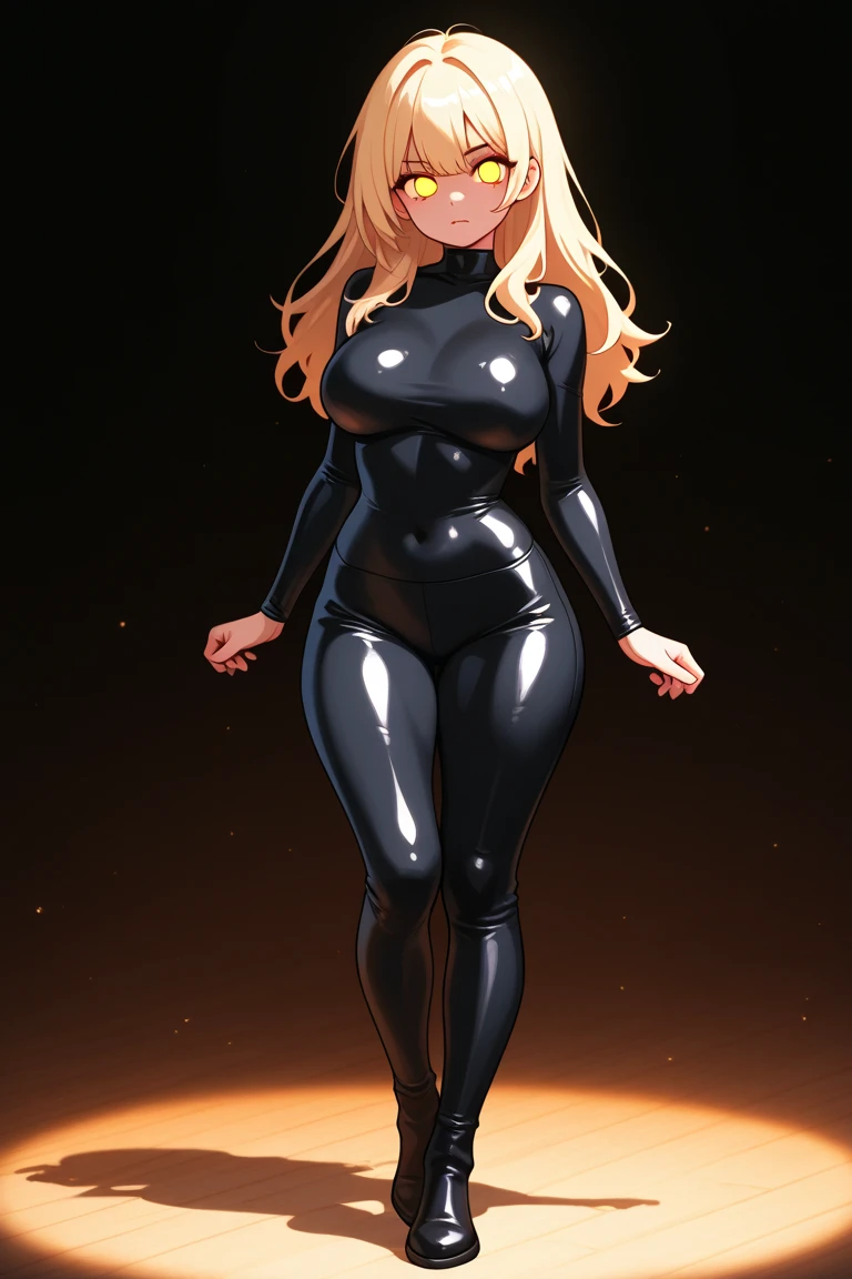 masterpiece, best quality, agrias, grey sweater, black leotard, standing, looking at viewer, blonde hair, superhero