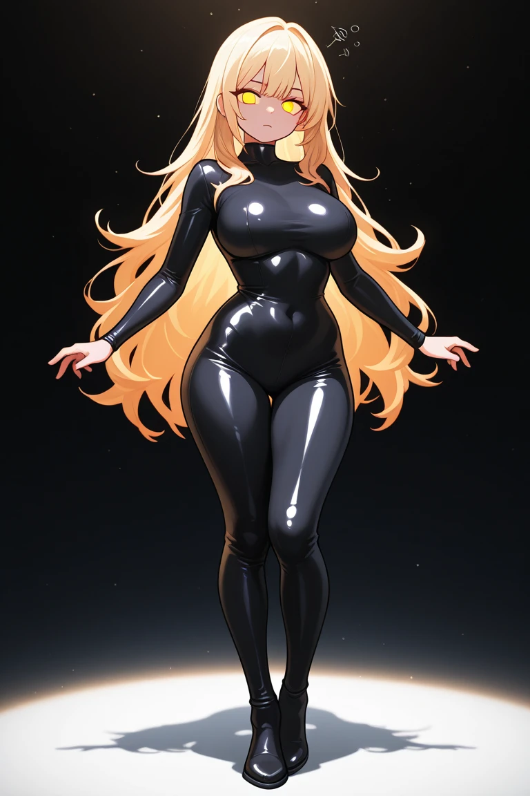 full body portrait, 2d, anime, hentai, dark theme, black background, pale skin, caucasian, woman, adult, 27 year old, best quality, standing, arms behind back, short, (muscular:1.3), latex bodysuit, long sleeves, pretty jewelry collar, huge breasts, tied back into two braids hair, very long blonde hair, blue eyes, natural eyebrows, [Russian], (smile, looking at viewer)