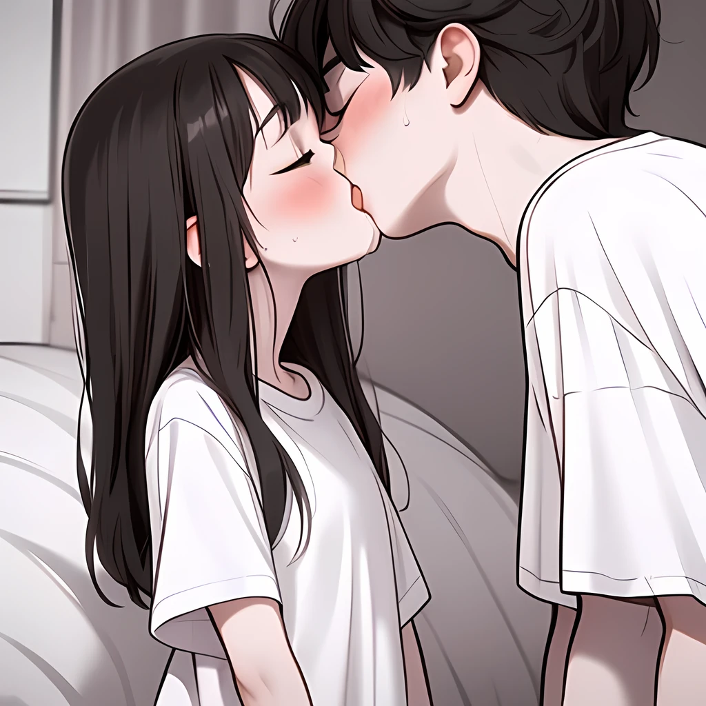 (((Line art))),(((monochrome:1.2))),(((kiss:1.7))),1boy,1girl ,couple,hetero,boy is shaved head,girl is age,(((black hair))),(long hair),straight hair ,bangs,(((closed eyes))),black eyes,(droopy eyes),chubby,(((short stature))),(((white oversized shirt:1.6))),flat chest ,(sweat) ,drooling ,indoor,bed room ,on the bed ,upper body ,