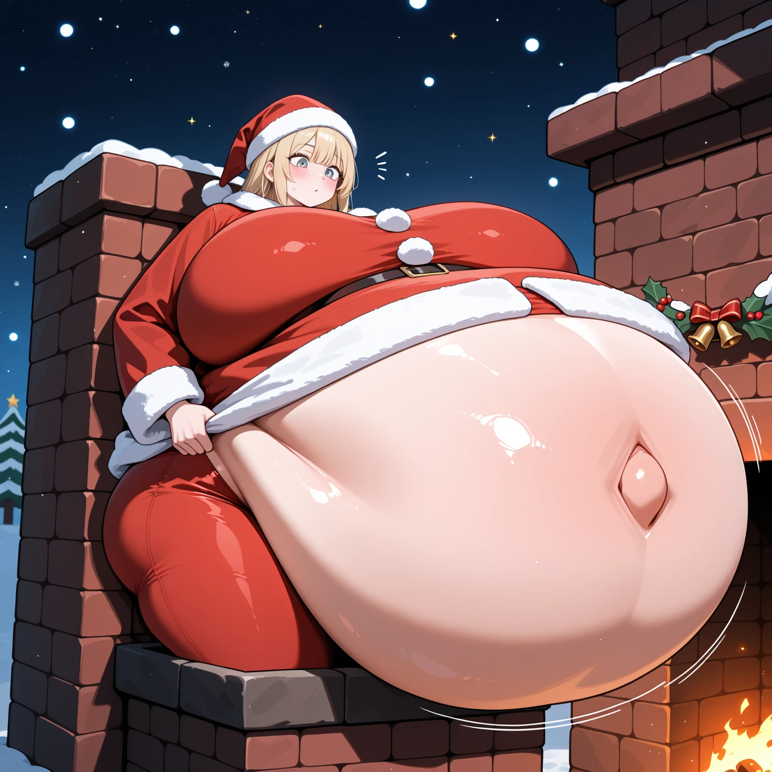 fat, large belly, big belly, very fat, large stomach, chubby (best quality, masterpiece), fat belly, Misa amane, Misa death note, sitting, fat, blonde hair, Christmas, wearing a sweater, table, fat