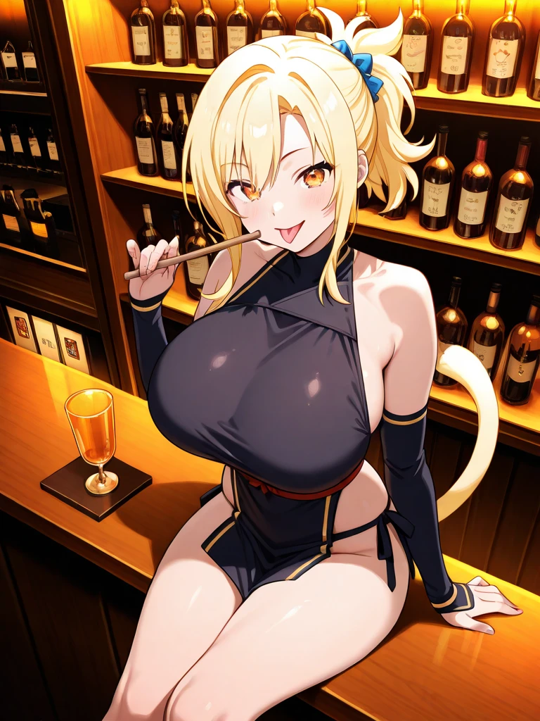 kitsune,1tail,huge breasts,smiling,drinking,drunk,aroused,(best quality:1.2),ultra-detailed,realistic,photorealistic,portraits,vivid colors,warm tone,soft lighting