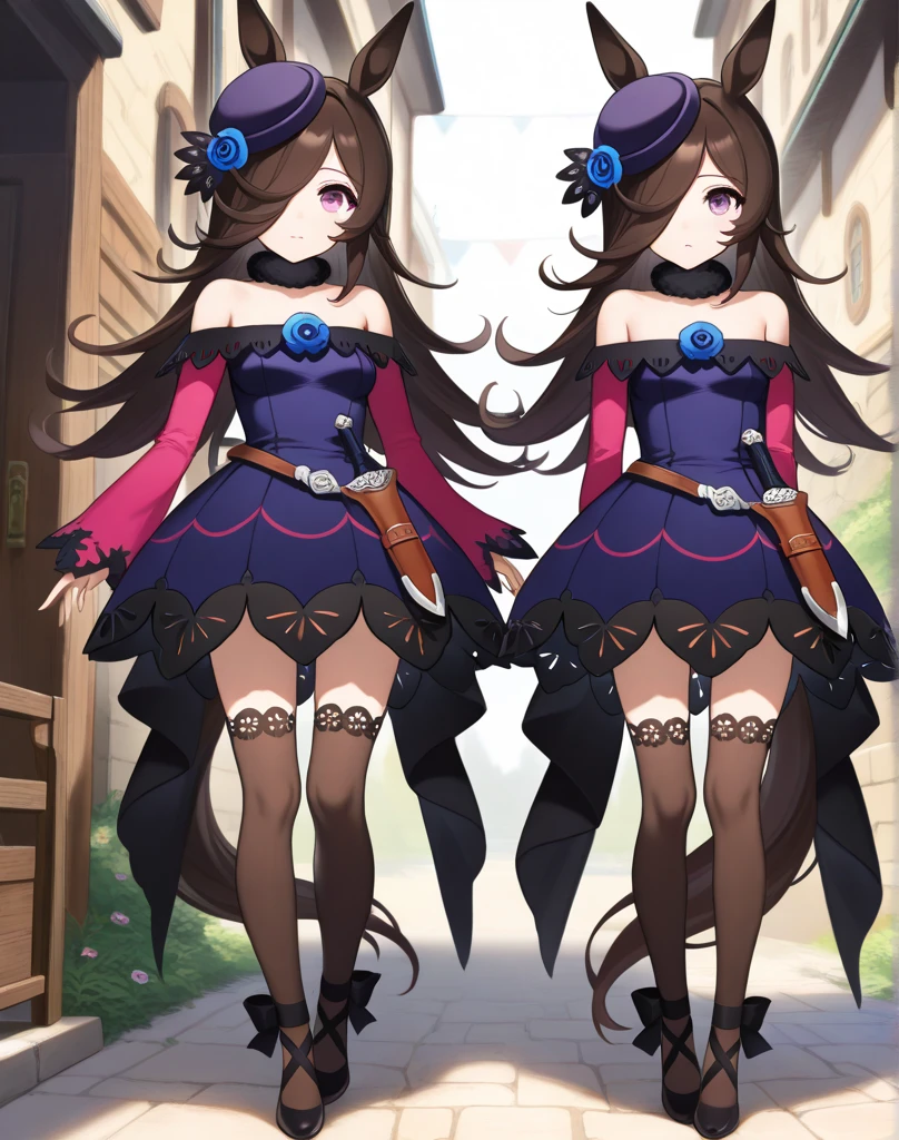 Imagine perfect image.most beautiful girl in ((Whole body)), standing, with his legs apart, riflewoman, cheek pads, Tender smile, sharp teeth, Fangs, mischievous look, medium breasts, long brown hair, almond-shaped blue eyes and wearing a short pink micro dress, black fitted cycling shorts, camel toe, leather corset, leather breastplate, Leather heel boots, leather gloves, in an anime style, inspired by genshin impact. With great 4k quality, well detailed, simple white background