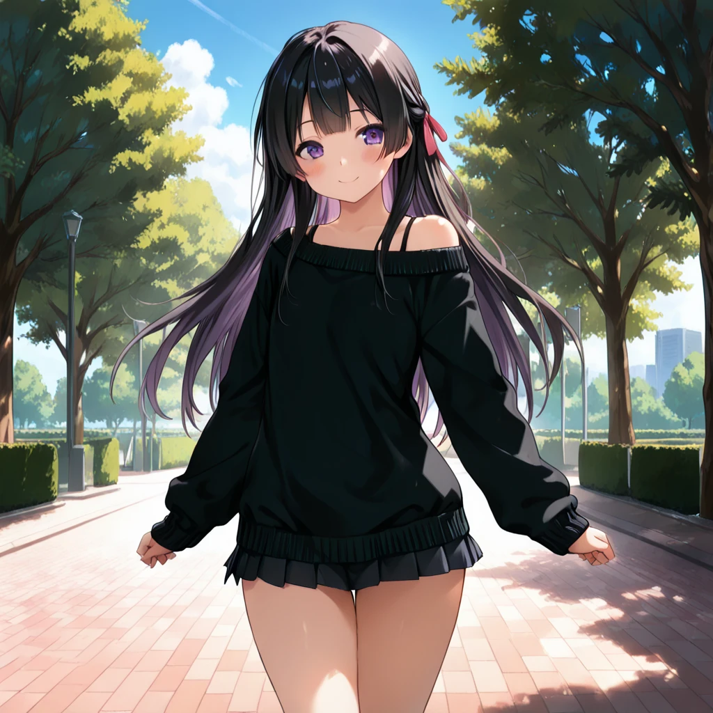 Detailed image, realistic image, coherent image, 1 elf. She has long black hair combed in 2 pigtails, blue eyes. She is smiling sensually. She has a curvy body, medium breasts, wide hips and thick thighs. She is dressed in a long-sleeved T-shirt and pleated mini skirt, stockings to mid-thigh. Kneeling with legs spread, arms tucked behind her, breasts sprouting. Urban background full of buildings, cherry trees and petals falling around her. Natural light, ambient light, detailed shadows,