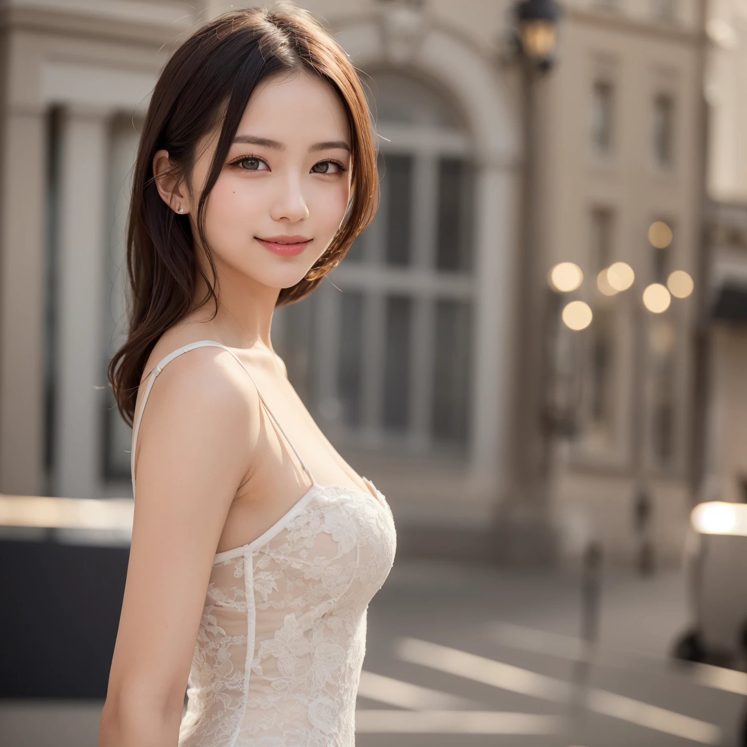 beautiful 20 year old woman。Her figure is a little thinner than usual. Her bust size is B cup. She is wearing a white silk dress with an open neckline.、I wear a choker around my neck。 。She looks ecstatic as if she had an orgasm during sex..。her dark brown hair。 High resolution、masterpiece、highest quality、頭w:1.0、((Hasselblad Photos))、fine skin、fine knit、(movie lighting)、clavicle .