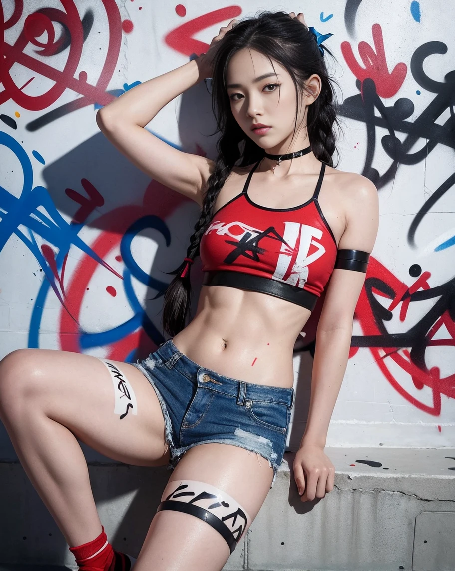 A young korean woman with messy two ponytail brown hair and a serious expression sits on the floor indoors, the legs spread aparts, leaning against a large window, the forest outside. She is wearing a bright red shirt crop rolled up sleeves with text, left open show her bare big bust wearing gray thin strapped bra halter neck, also wearing gray thin strapped gstring. She has tattoos cover on her left arm and is accessorized with a watch, a bracelet, and a necklace, grey socks. The lighting is dim, creating a moody and intimate atmosphere. Her pose, with hands hold her hair , adds a sense of casual yet intense focus.