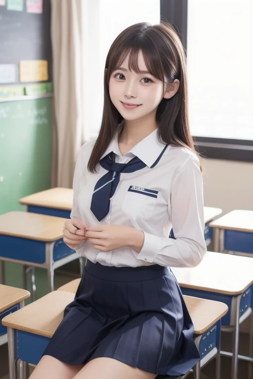 ((Beautiful Japanese Girls:1.3)) ((School uniform:1.4)) ((Panty shot:1.5)) ((high school)),((Dark Blue Skirt:1.3)) ((In the classroom:1.3)) ((thin_fabric:1.4)) ((Random sexy poses:1.3)) ((Sweaty:1.5))((Blushing:1.4)) ((Big Breasts:1.4)) ((close:1.2)) highest quality,masterpiece,Ultra-high resolution,(Realistic:1.4),RAW Photos,(Real skin texture:1.3),(Film Grain:1.3),Panorama,Character Portrait,Very wide shot,Tight waist,Cowboy Shot,(In the Dark, Deep Shadow, Modest, Cold Light,) night,(()),Tears flow,,Dust,Tyndall effect,(Performance),One girl,Beautiful and detailed eyes and face,White Jabot,Brown eyes,((Brown Hair:1.2)) ((whole body:1.3)) ((smile:1.3))