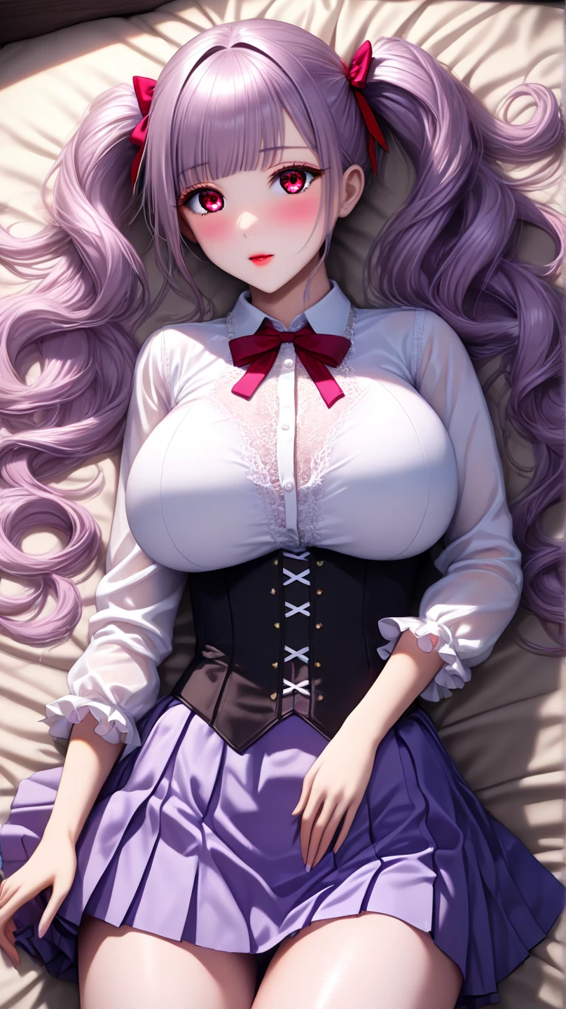 anime, vampire, girl, wide open smile, smokey eyes, seductive facial expressions, long hair, fluffy loose curly hair, anime colored hair color, stylish hairstyle, symmetrical hair, hair does not cover face, curvy body, sexy girl, beautiful girl, sensual vampress dress with corset, sexy face, youthful face, leaning toward the viewer, clarity, detailed, detailed face, very detailed drawing, perfect composition, soft natural volumetric cinematic perfect light, masterpiece