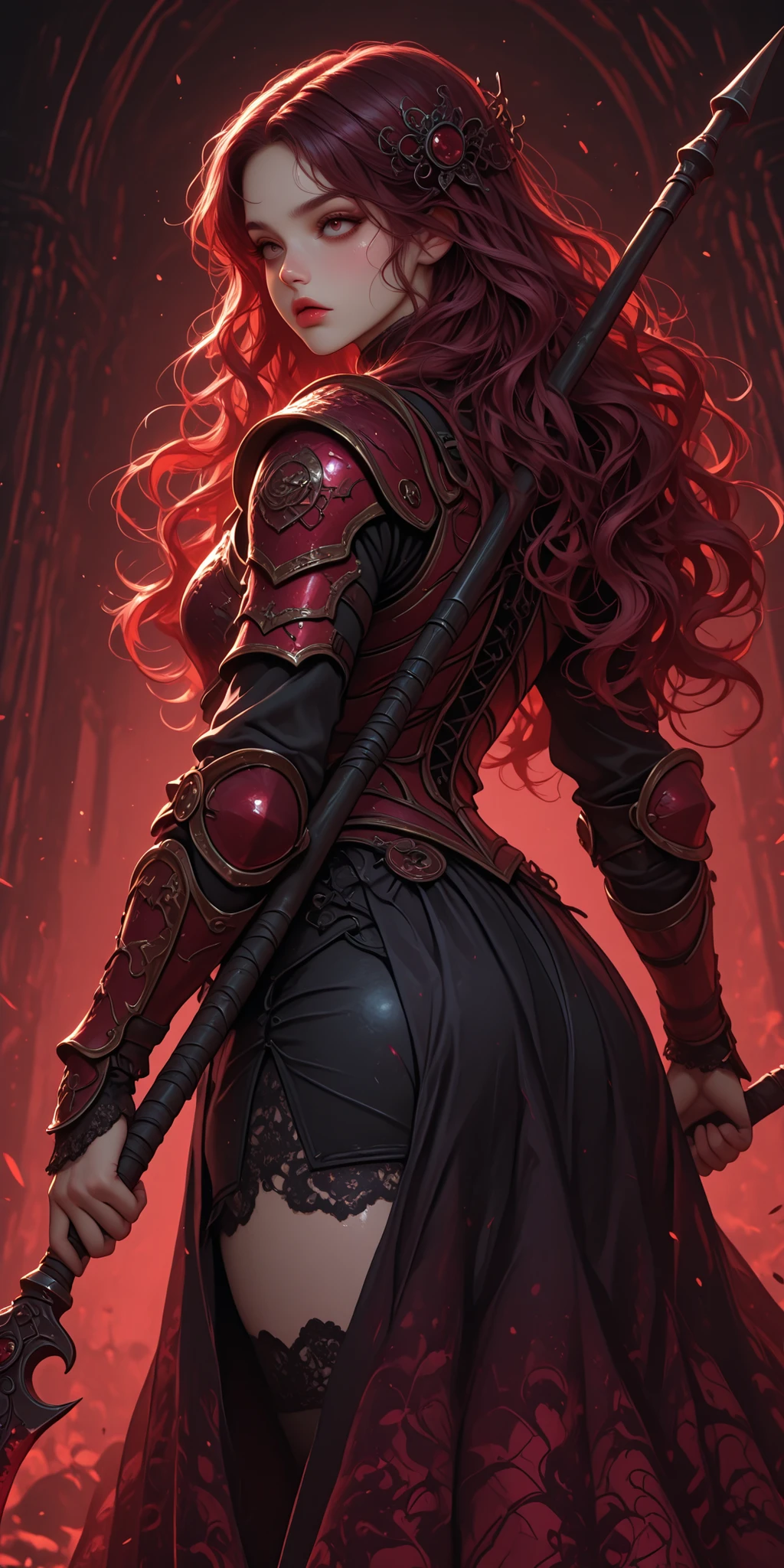 Girl, warrior, full armor, intricate armor, red maroon armor, textured baroque style armor, tight shot, more details, high density, long hair, wavy hair, intricate hair ornaments, pencil skirt, black skirt, glossy armor and skirts, chiaroscuro lights, lace, holding bladed polearm, glossy skin, glossy skirts, allure, dynamic pose, dynnamic angle, back view
