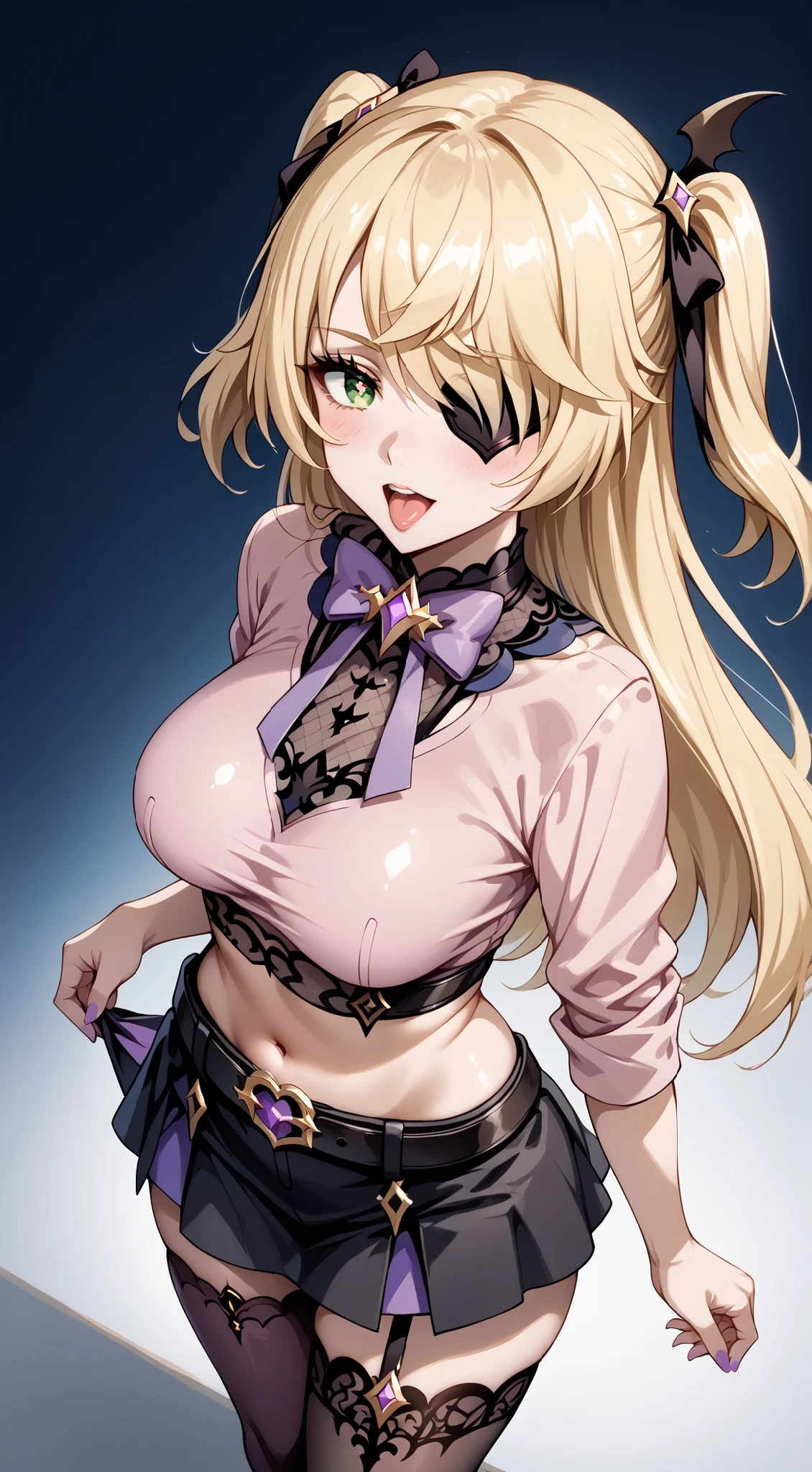 foggy spring, smile, Open your mouth, Blonde,Side Tail,Purple butterfly hair accessory, Black underwear,Large Breasts,Lace bra,Handjob,Stimulating a man's nipples with both hands,Leaning forward,On the bed,Kiri Izumi,
