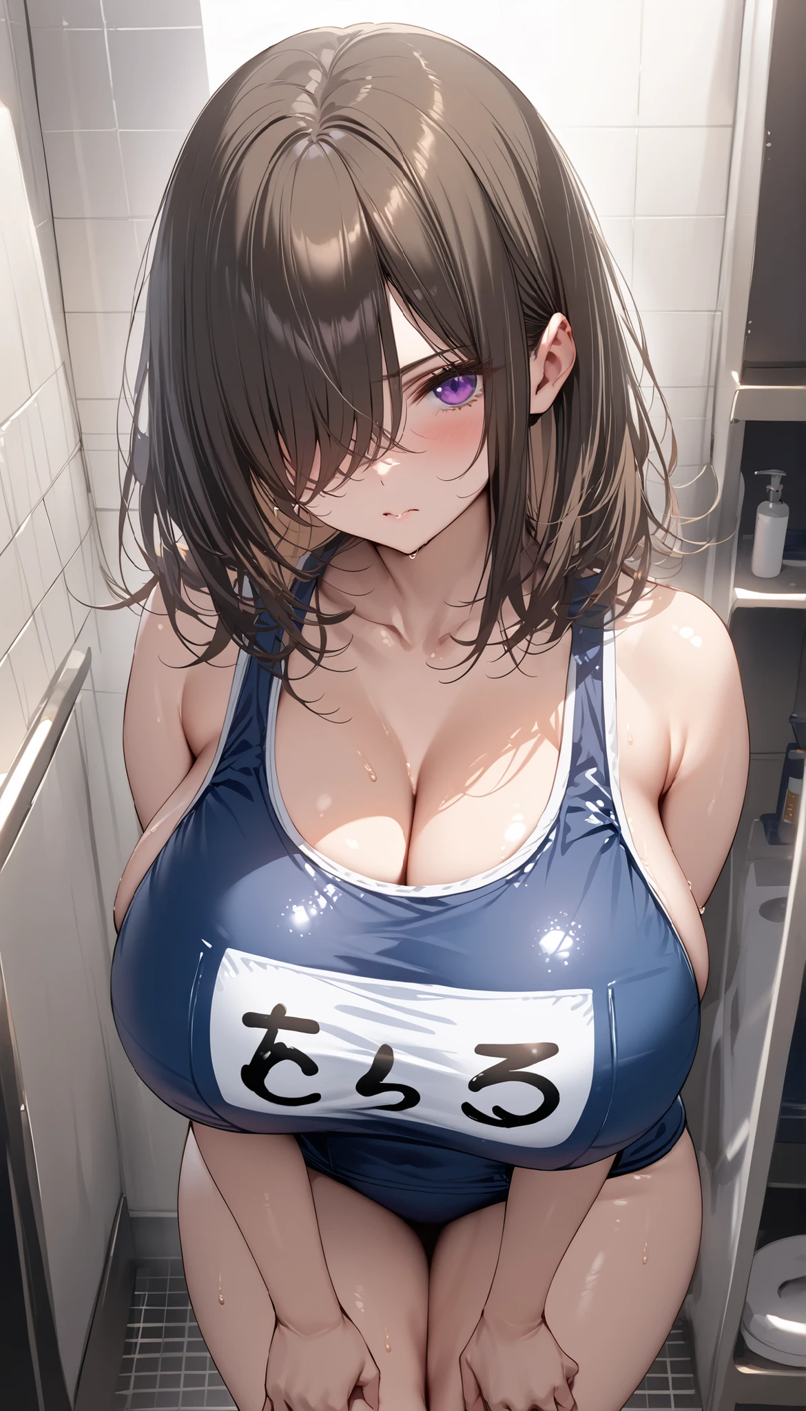 (Highest quality:1.2, Very detailed, High detail, Ultra-high resolution, High Contrast, masterpiece:1.2, Highest quality, Best aesthetics), (Small face), (Very detailedな肌:1.2), (1girl, daiwa scarlet \(umamusume\), umamusume), (Slim figure:1.4, Woman with slim body and large breasts), Beautiful Eyes, Glossy lips, Glowing Skin, Beautiful thighs, Embarrassing, blush, Lovely, Close one eye, With tears in her eyes and her mouth open, drooling, School Swimsuit, Mature Body, Perfect Fingers, Five Fingers, (Shower room, I take a shower), Water droplets on the glass,
