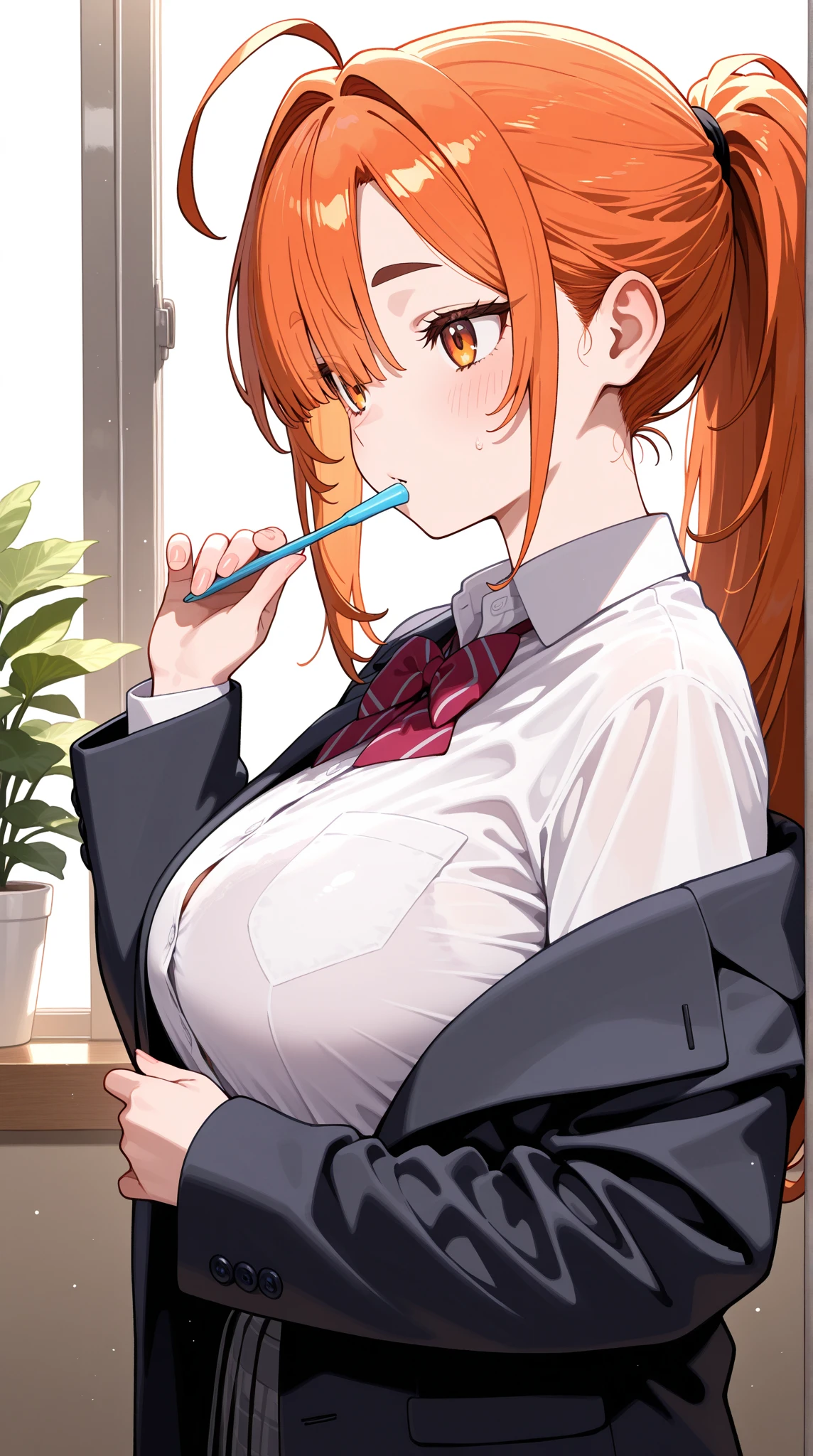 (Highest quality, 8K, masterpiece :1.3),Mrs. Yuigahama,ガハMom, As I expected, my youth romantic comedy is wrong。, One woman,30 years old,Mom,Orange Hair,Bun Hair,nsfw,Blowjob,front,Holding a penis in your mouth,Man's lower body