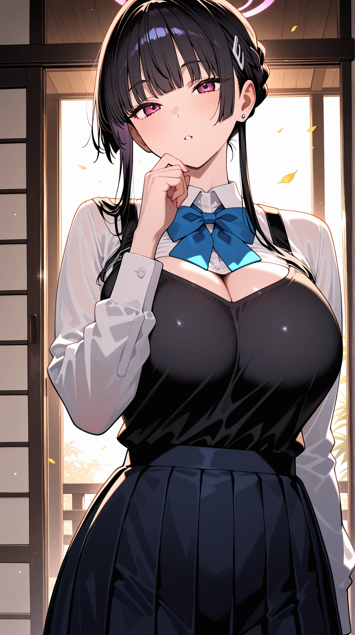womam,woman,solo,juri han, work of art, tight white secretary shirt with black tie, black high waist skirt, short skirt, black hair, black tights,evil smile,office,franja nos olhos,lighting,chifre de cabelos,view from above,olhando para cima,maquiagem nos olhos