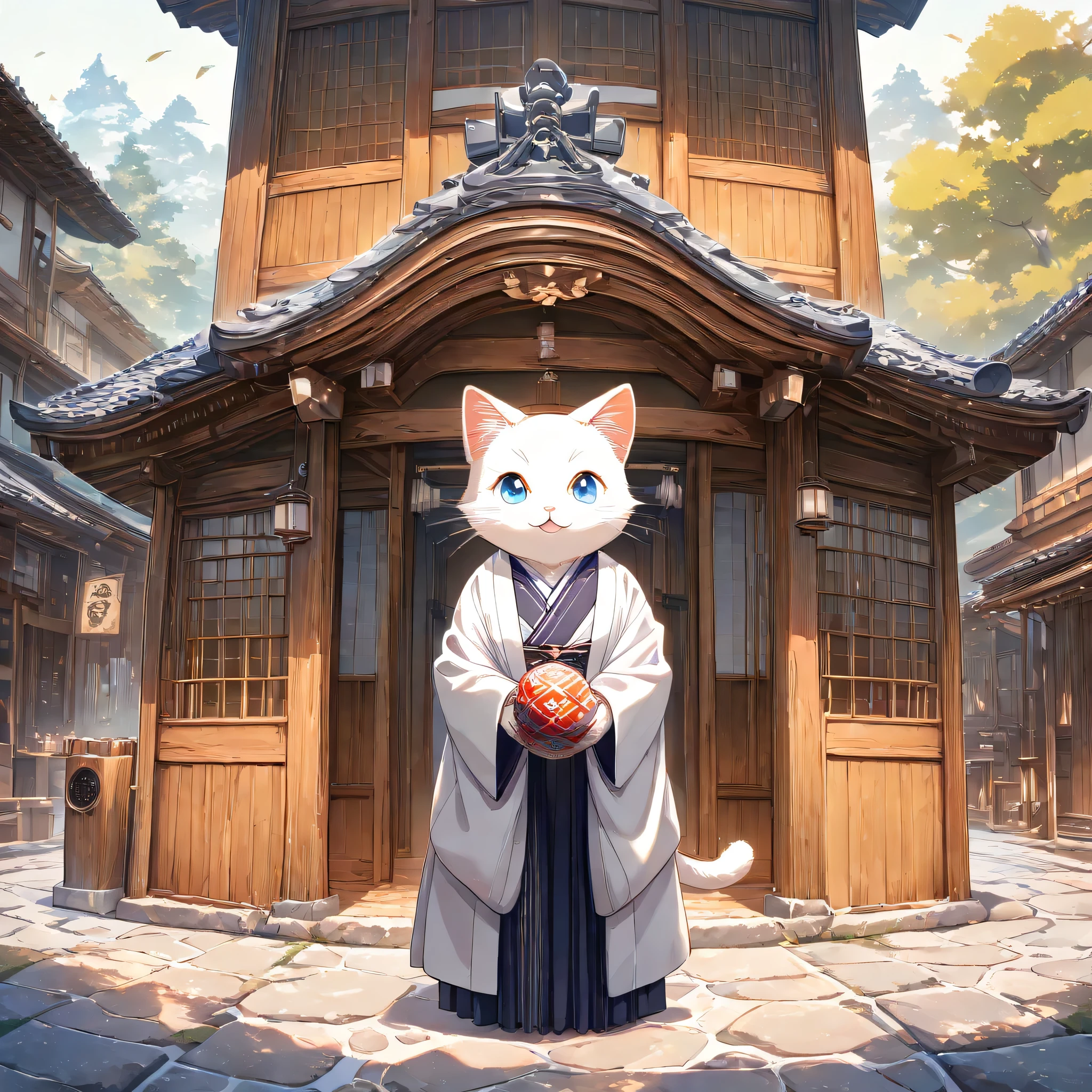 (masterpiece, best quality, ultra-detailed), a cute stylized anthropomorphic semi-human adult Ragdoll cat with a rounded face, bright blue eyes, soft white fur with light brown points, and symmetrical forward-facing ears is gracefully walking through an old-fashioned Japanese town street. She radiates calm and elegance, resembling a noblewoman in both manner and presence. With refined posture, she carefully holds a colorful traditional temari ball in both hands, as if offering it with gentle sophistication. Her kimono features delicate floral patterns and sways softly with each poised step, her long sleeves fluttering in the light breeze. She wears a serene and mature smile while gazing slightly upward. The bright midday sunlight gently illuminates the cobblestone path and traditional wooden buildings around her. The overall style is soft anime, and the full body of the cat is shown in a 1:1 aspect ratio.