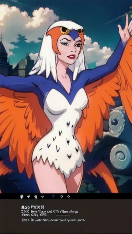 straight-on,pose,looking at viewer,solo, BREAK,
CARTOON_Sorceress_heman_90s_ownwaifu, www.ownwaifu.com,
breasts, long hair, medium breasts, white hair, lips, makeup, lipstick, blue eyes, monster girl, nose, red lips, animification,
wings, feathered wings, feathers, white hair, angel wings, white wings, harpy, leotard, winged arms, bird, bird wings, helmet, multiple wings,
<lora:CARTOON_Sorceress_heman_90s_ownwaifu-15:0.9>, BREAK, official art, highres, scenery, (masterpiece:1.1), (best quality,:1.1), (high quality:1.1), (anime screencap:1.2),