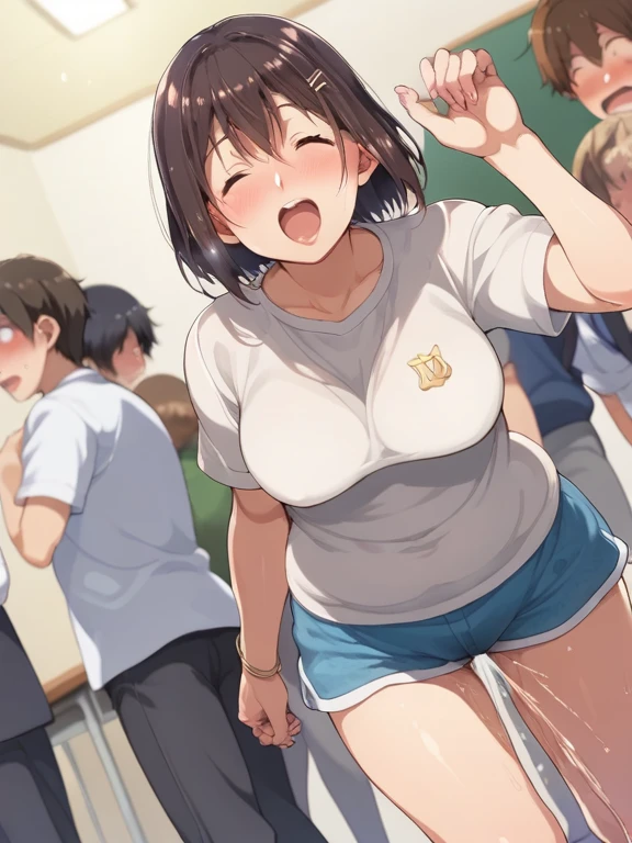 nudist girl running、Lots of elementary school boys who are close friends、surround each other&#39;s face、(((Laughter and joy)))、in group photograph、Group Selfies、Night Tent、